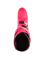 Alpinestars Tech 10 støvler, motocross-støvler, Diva Pink og hvid, set oppefra med kig ned i det sorte indvendige for, pink yderskal med hvide og sorte spændedetaljer, performance terrænfodtøj