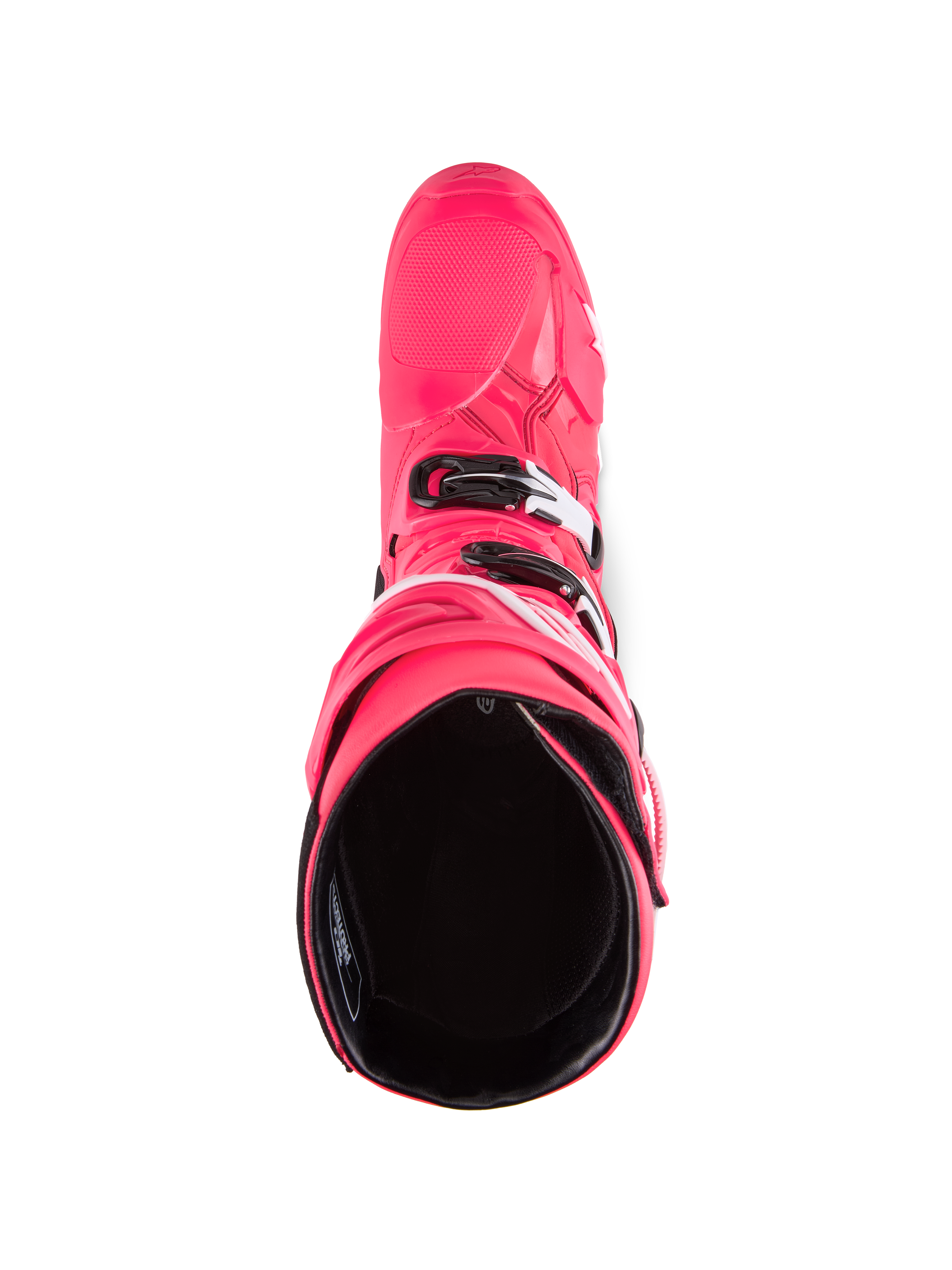Alpinestars Tech 10 støvler, motocross-støvler, Diva Pink og hvid, set oppefra med kig ned i det sorte indvendige for, pink yderskal med hvide og sorte spændedetaljer, performance terrænfodtøj
