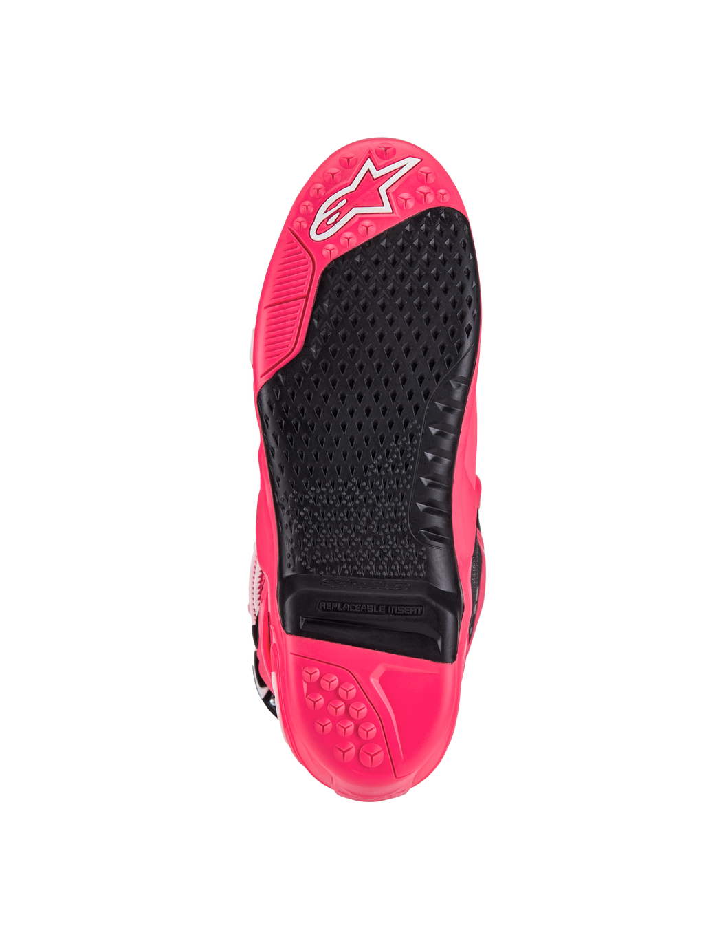 Alpinestars Tech 10-støvler, motocross-støvler, Diva Pink og sort, set fra bunden med mønstret slidbane, udskiftelig fodhvilerindsats og karakteristisk Astars-logo, designet til overlegent greb og holdbarhed.