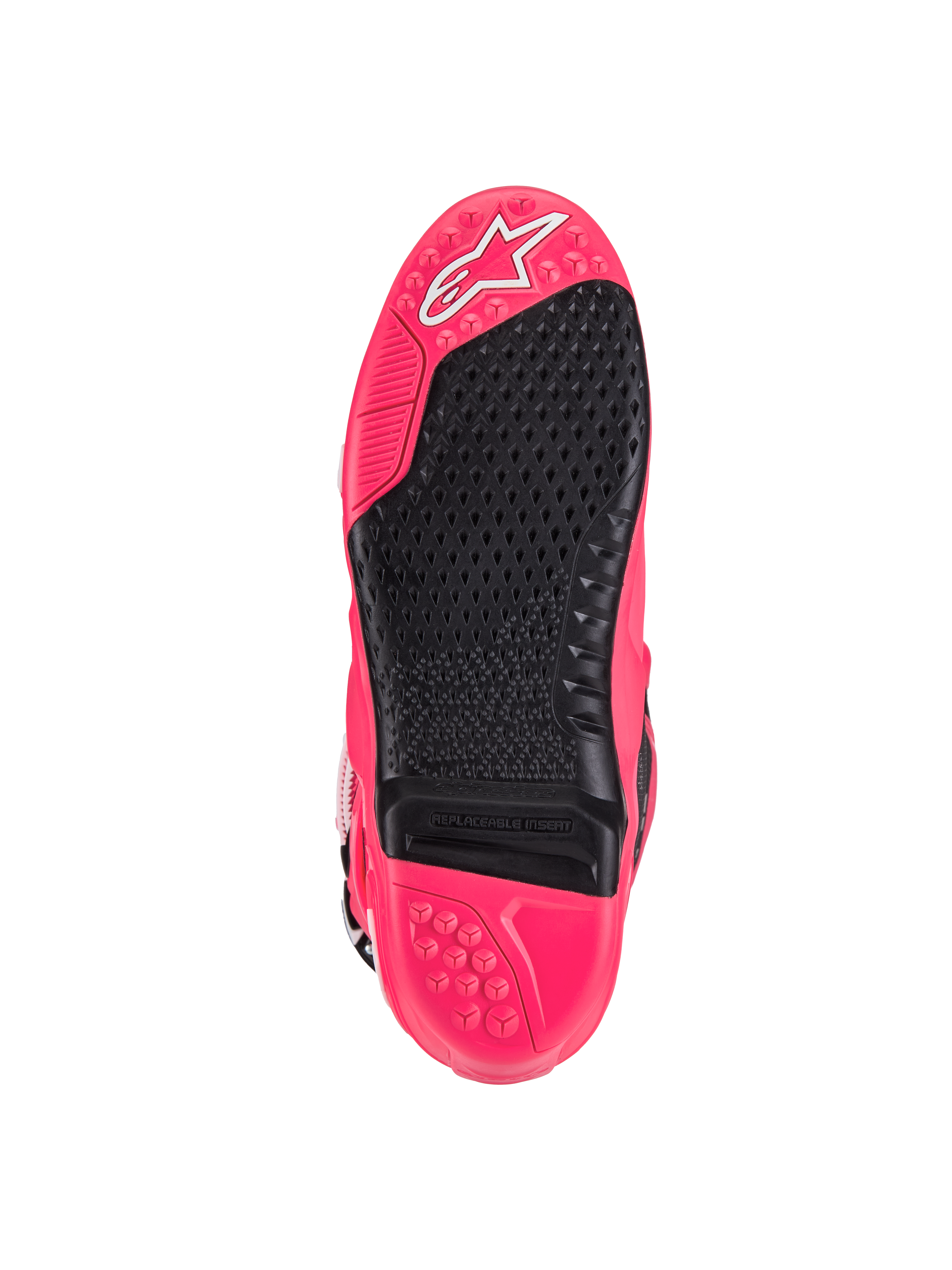 Alpinestars Tech 10-støvler, motocross-støvler, Diva Pink og sort, set fra bunden med mønstret slidbane, udskiftelig fodhvilerindsats og karakteristisk Astars-logo, designet til overlegent greb og holdbarhed.