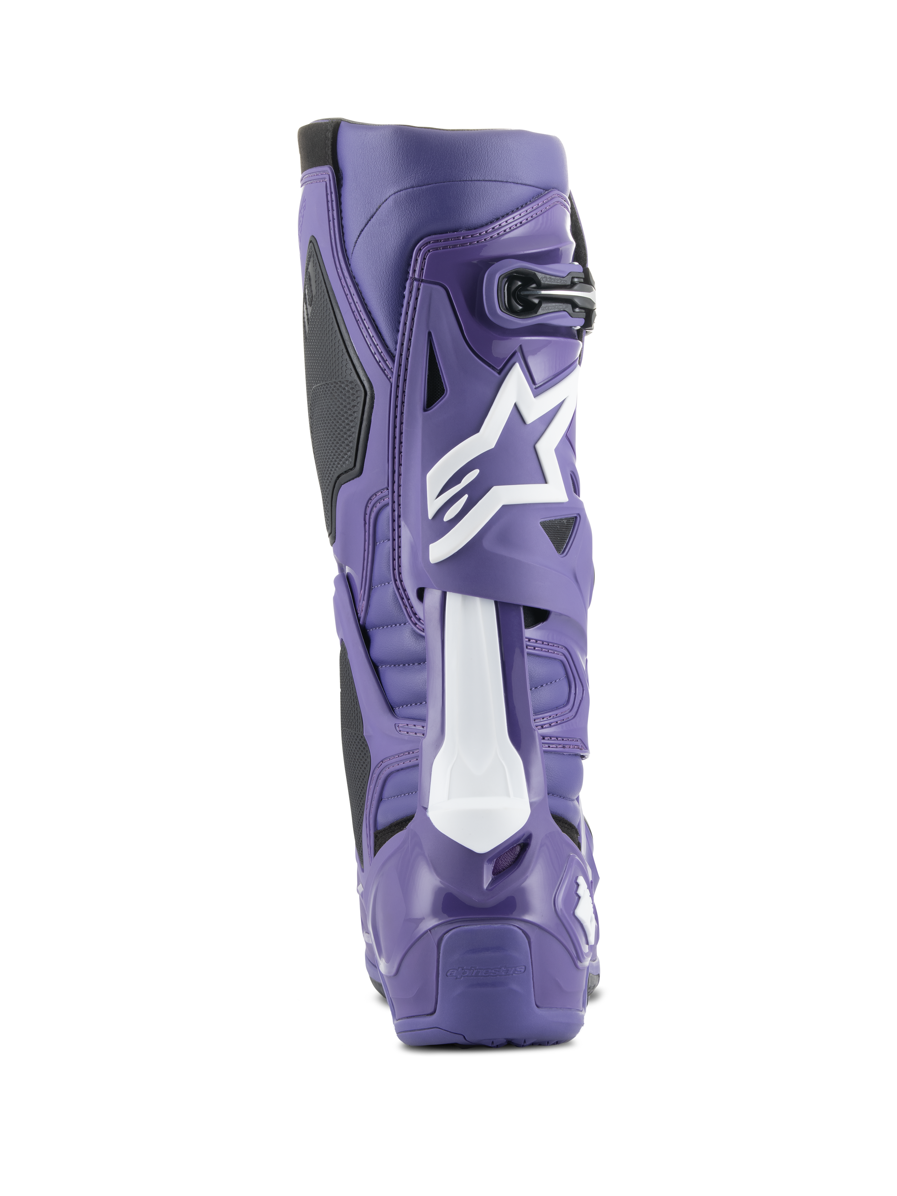 Alpinestars Tech 10 Motocross Boot, Ultraviolet and Black, rear view showing high-density TPU shell, white Astars logo on the calf, and reinforced heel for off-road racing