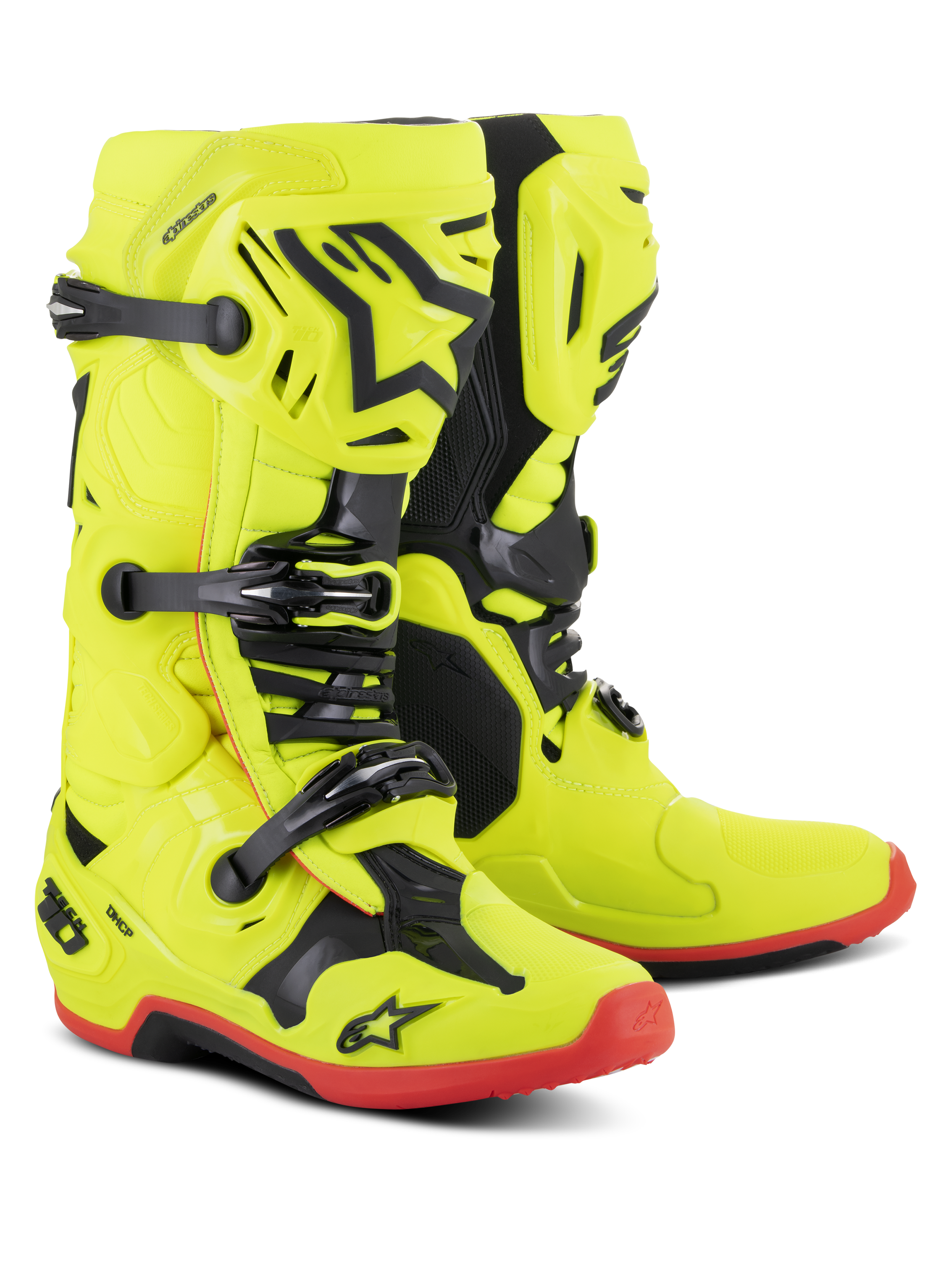 Alpinestars Tech 10 Boots, Motocross Boots, Yellow Fluo with Black and Red Fluo accents, triple buckle system, TPU shell with Alpinestars star logo, red soles, professional off-road racing gear