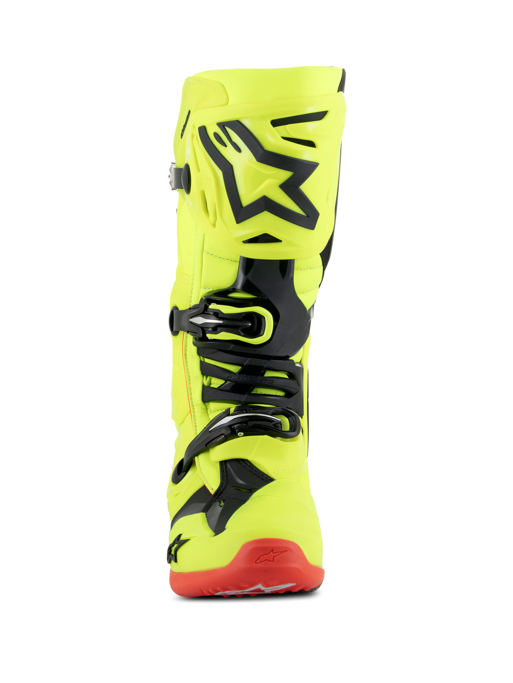 Alpinestars Tech 10 Boots, Motocross Boots, Yellow Fluo Black and Red Fluo, front-facing view, bright yellow fluorescent chassis with black TPU accents and buckle system, red sole, advanced off-road racing footwear