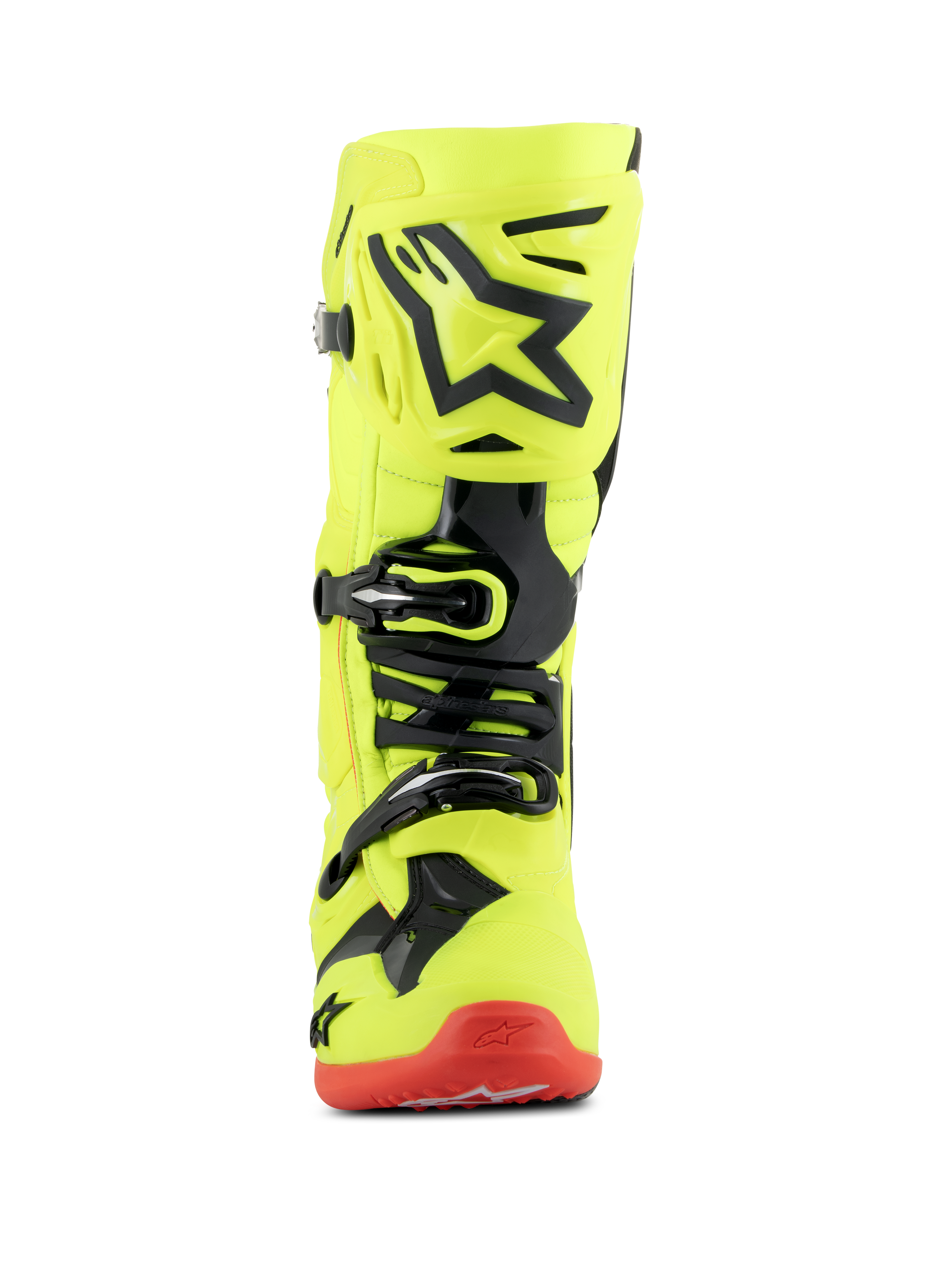 Alpinestars Tech 10 Boots, Motocross Boots, Yellow Fluo Black and Red Fluo, front-facing view, bright yellow fluorescent chassis with black TPU accents and buckle system, red sole, advanced off-road racing footwear