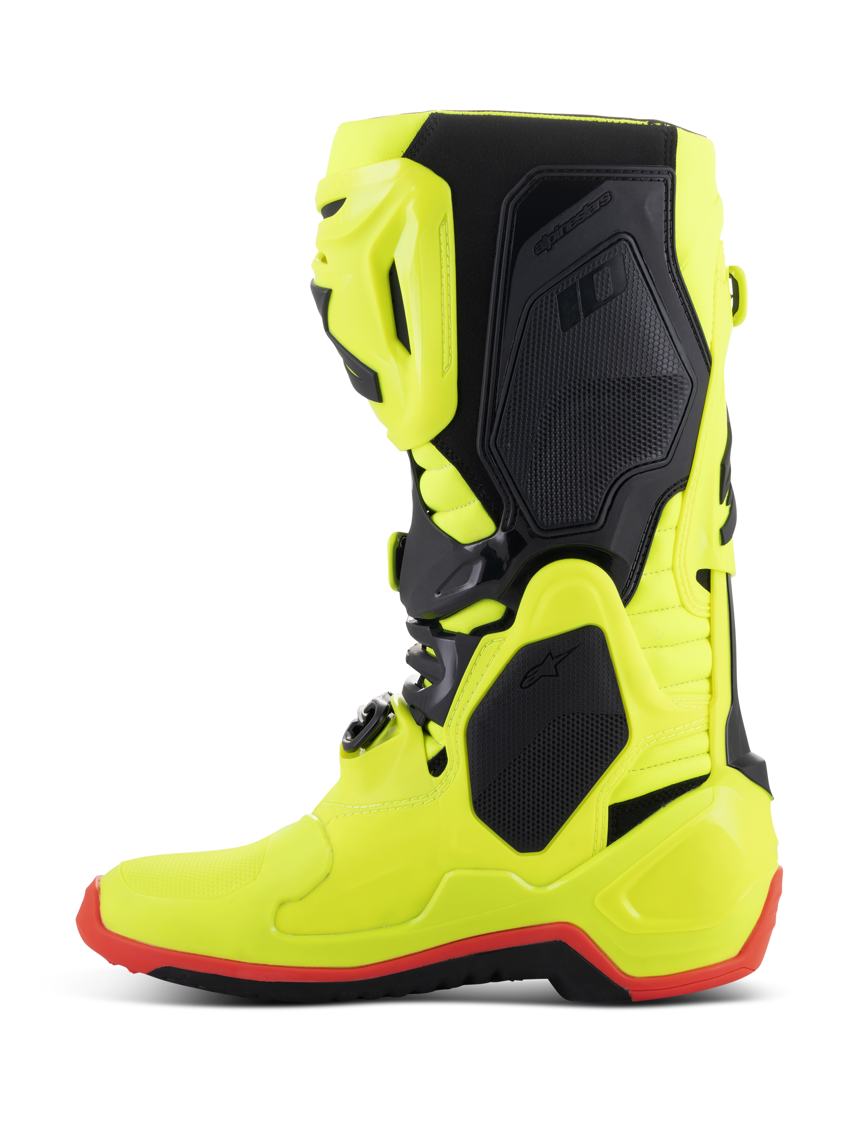 Alpinestars Tech 10 Boots, Motocross Boots, Yellow Fluo Black and Red Fluo, side profile, bright neon yellow construction with black protective panels and red fluo sole detail, high-performance gear for off-road racing