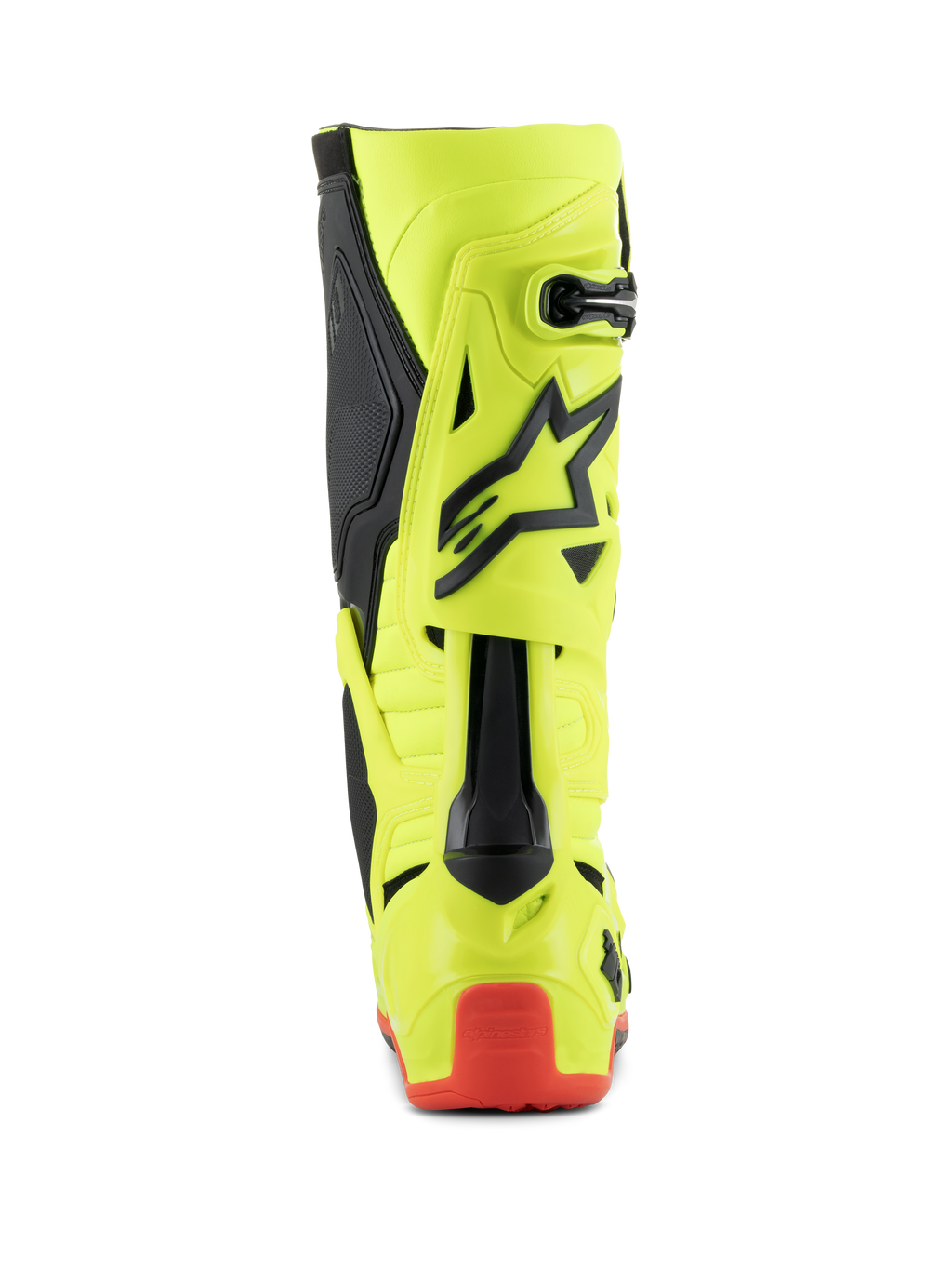 Alpinestars Tech 10 Boots, Motocross Boots, Yellow Fluo Black Red Fluo, rear view showing fluorescent yellow chassis with black accents and red heel protector, professional off-road racing footwear