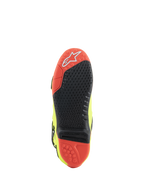 Alpinestars Tech 10 Boots, Motocross Boots, Yellow Fluo Black Red Fluo, sole view featuring red and black dual-compound material, replaceable central grip insert, and traction lugs for off-road performance.