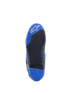 Alpinestars Tech 10 Boots, Blue and Black, detailed view of the sole, featuring a textured black grip pattern with a replaceable central insert, blue toe with white logo, and blue heel, high-performance motocross boot design