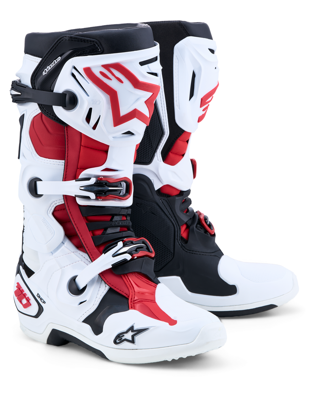 Alpinestars Tech-10 motocrossstøvler, hvid, sort og rød, CE-certificeret med Frontal Flex Frame og TPU-skal.