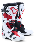 Alpinestars Tech-10 motocrossstøvler, hvid, sort og rød, CE-certificeret med Frontal Flex Frame og TPU-skal.