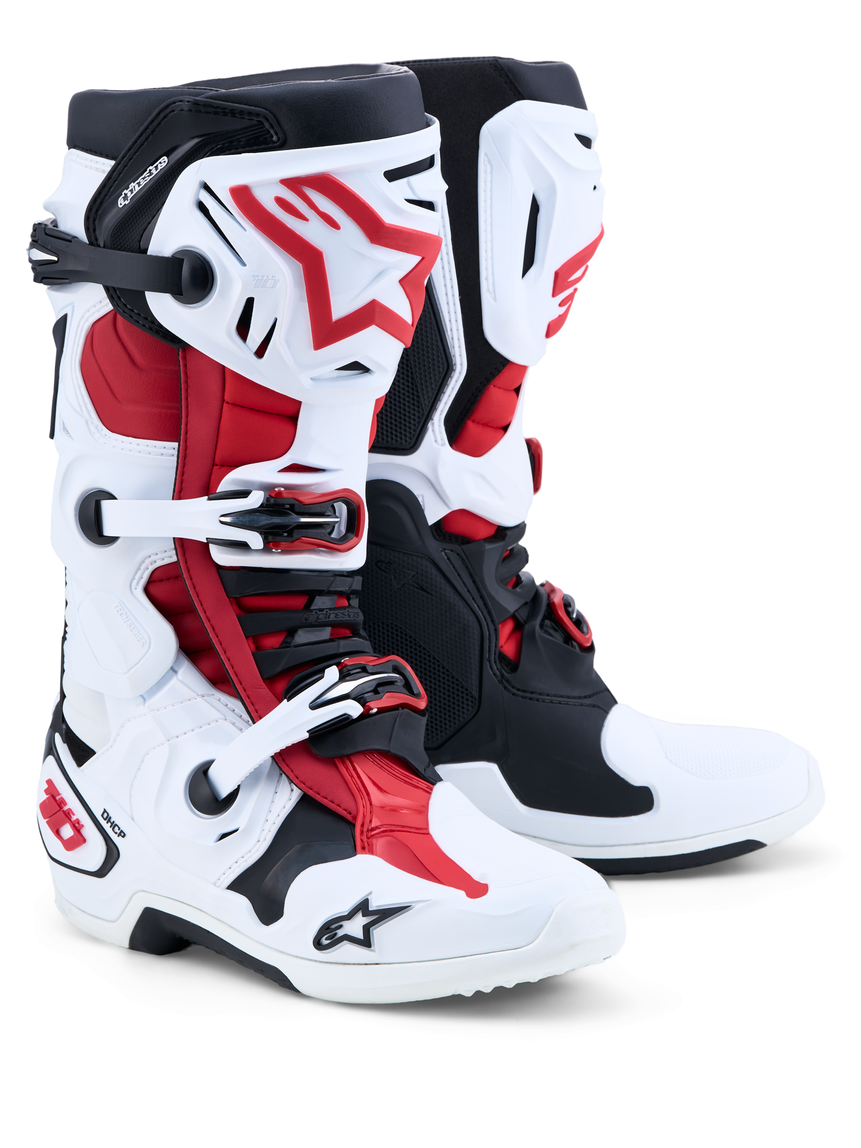 Alpinestars Tech-10 motocrossstøvler, hvid, sort og rød, CE-certificeret med Frontal Flex Frame og TPU-skal.
