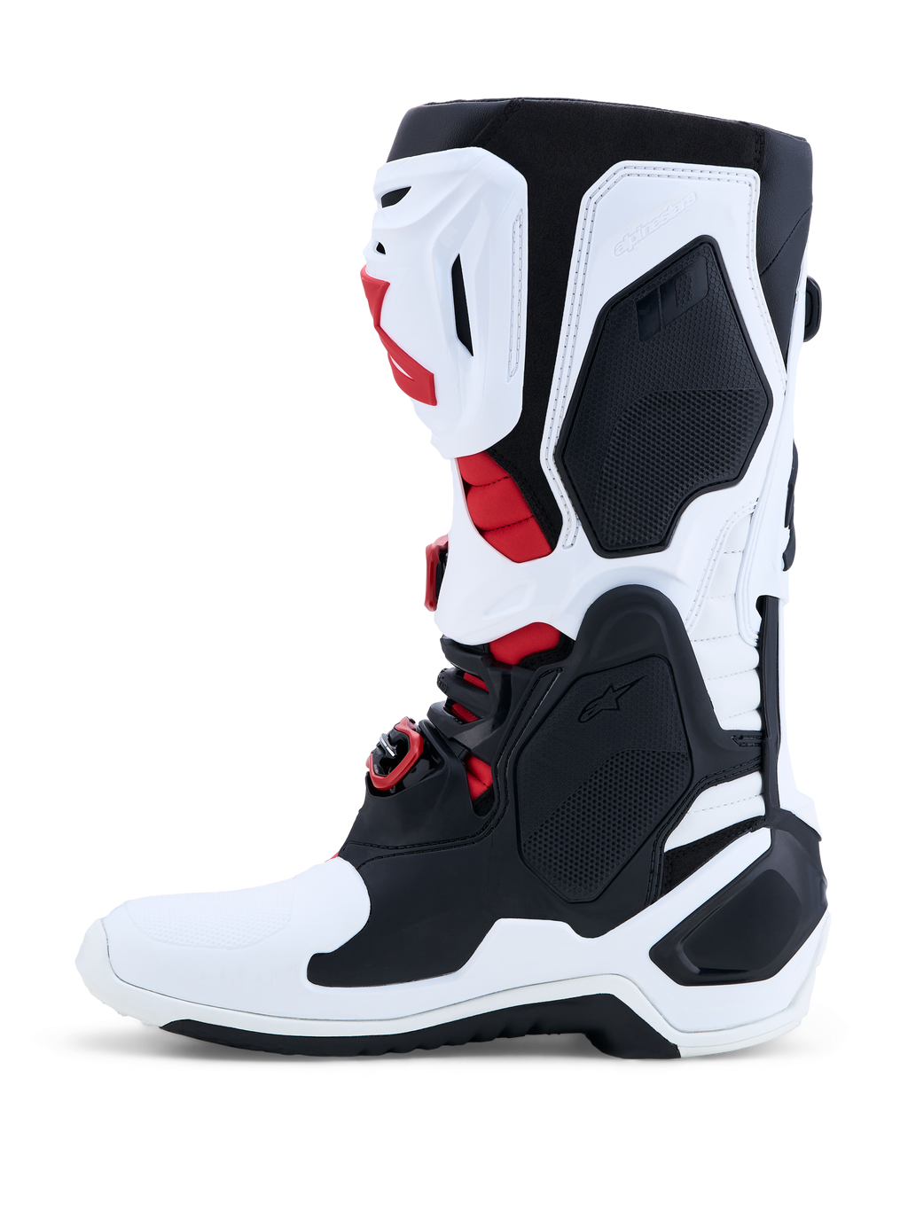 Alpinestars Tech-10 motocrossstøvler, hvid, sort og rød, CE-certificeret TPU-skal til professionel off-road racing.