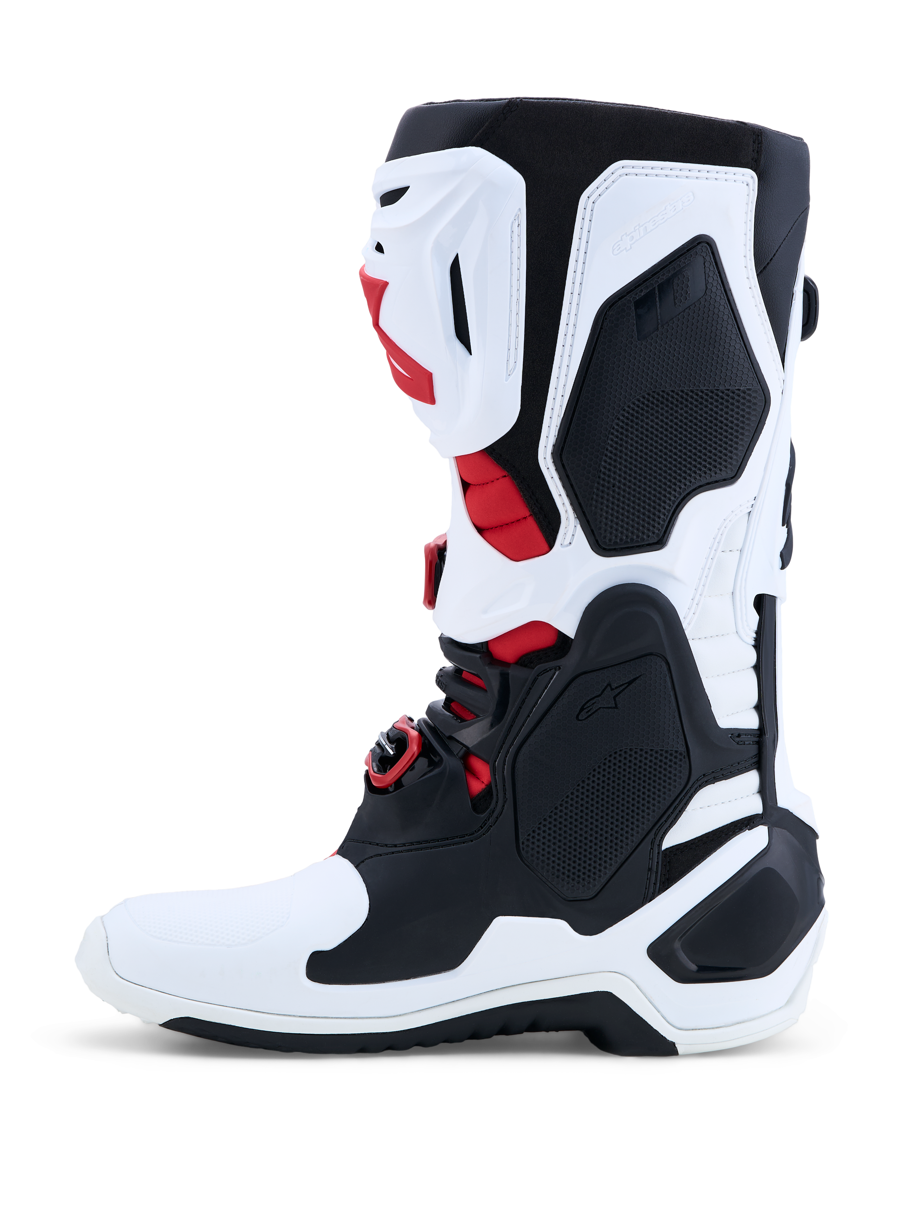 Alpinestars Tech-10 motocrossstøvler, hvid, sort og rød, CE-certificeret TPU-skal til professionel off-road racing.