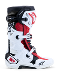 Alpinestars Tech 10 Boots, Motocross and Off-Road Boots in White, Black, and Bright Red, side view featuring durable TPU shell, buckle closure system, and Dynamic Heel Compression Protector (DHCP).