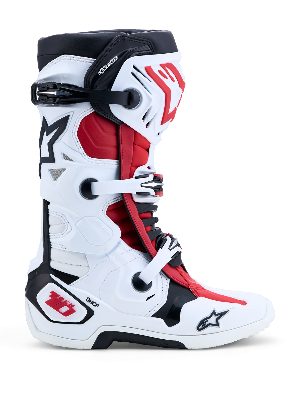 Alpinestars Tech-10 motocrossstøvler i hvid, sort og rød med DHCP-beskyttelse og dobbelt pivotsystem til off-road kørsel