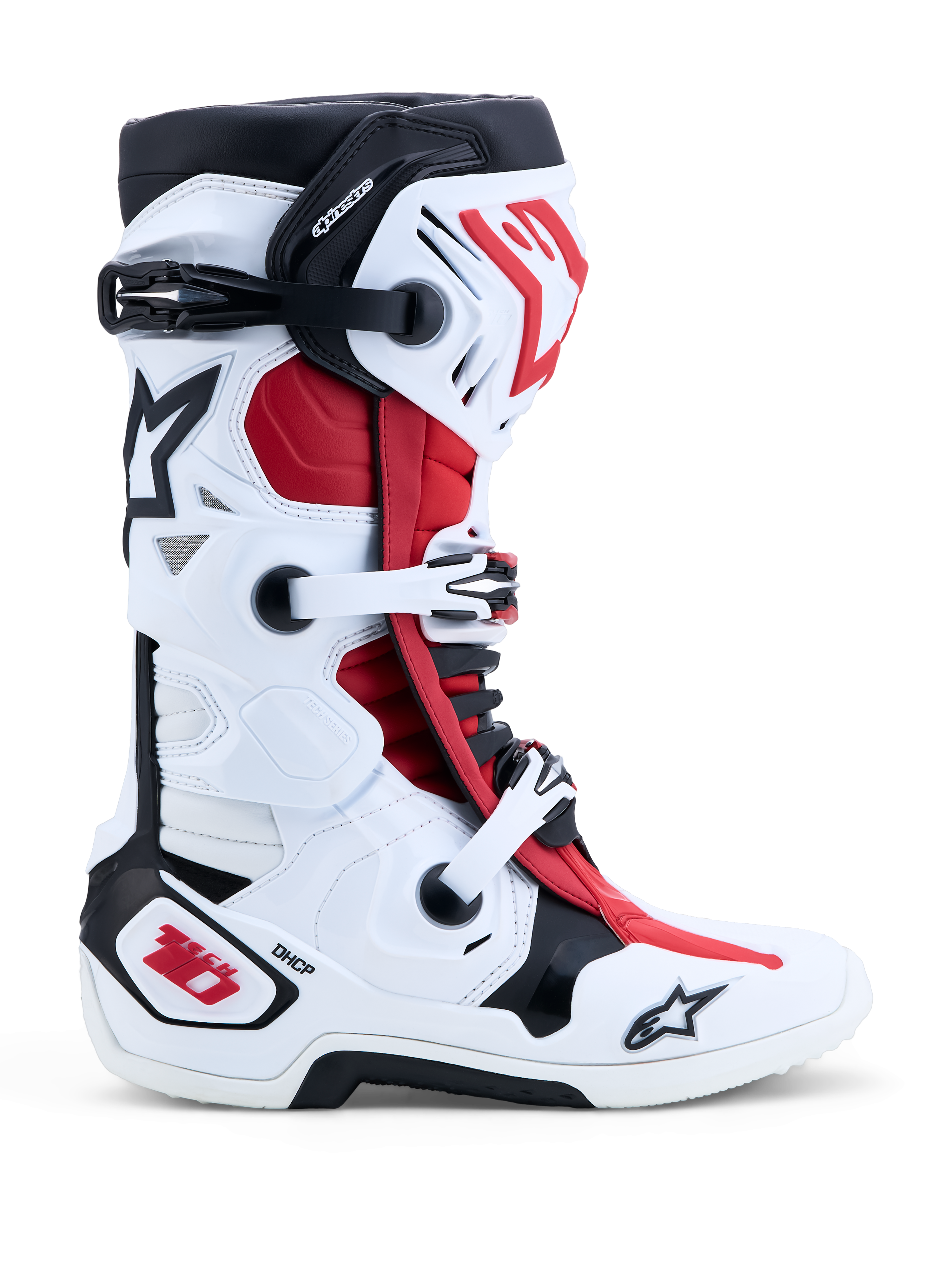 Alpinestars Tech-10 motocrossstøvler i hvid, sort og rød med DHCP-beskyttelse og dobbelt pivotsystem til off-road kørsel