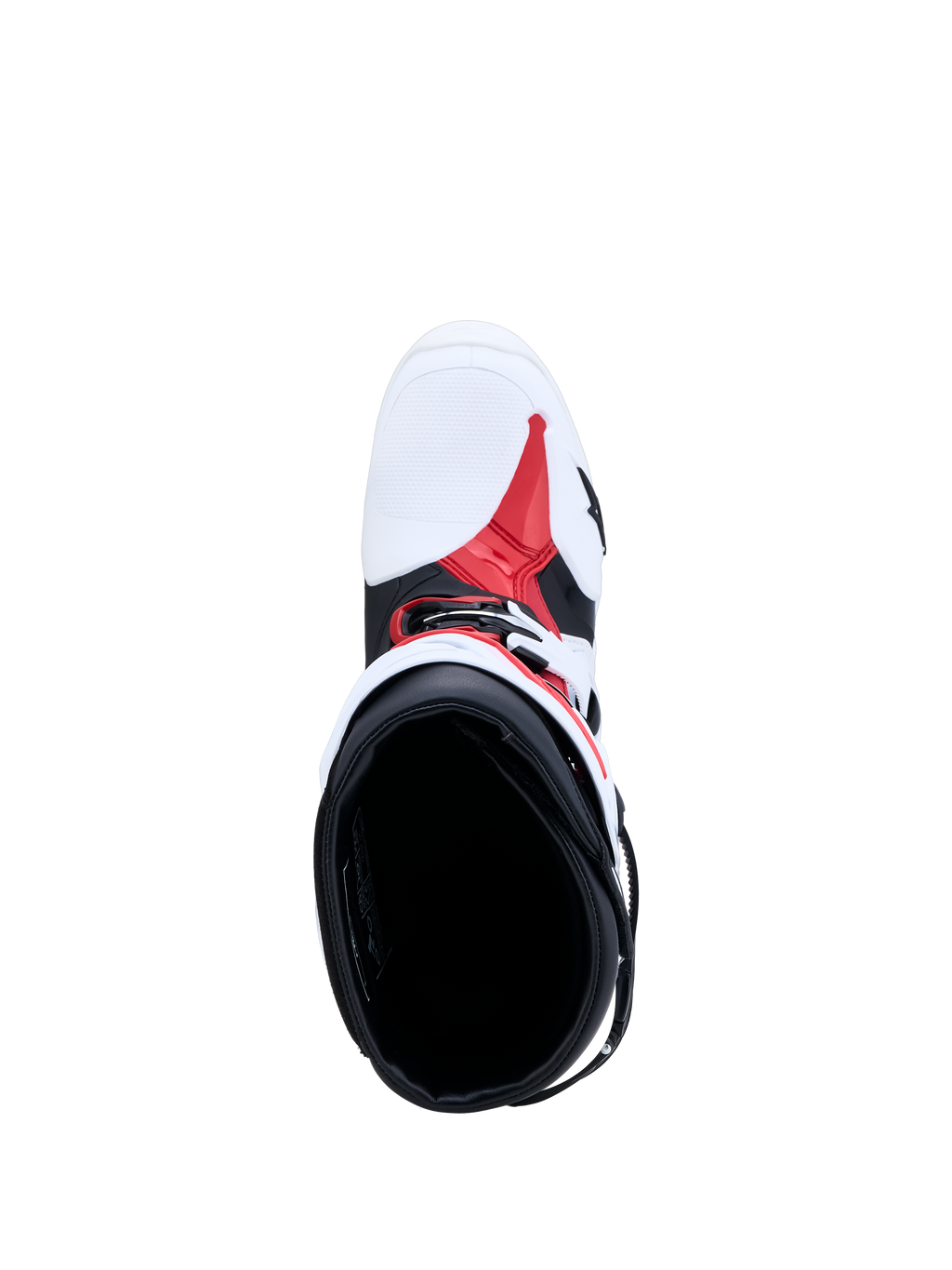 Alpinestars Tech-10 motorcykelstøvler i hvid, sort og rød, set fra oven med kig til interiør og TPU-chassis.