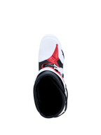 Alpinestars Tech-10 motorcykelstøvler i hvid, sort og rød, set fra oven med kig til interiør og TPU-chassis.