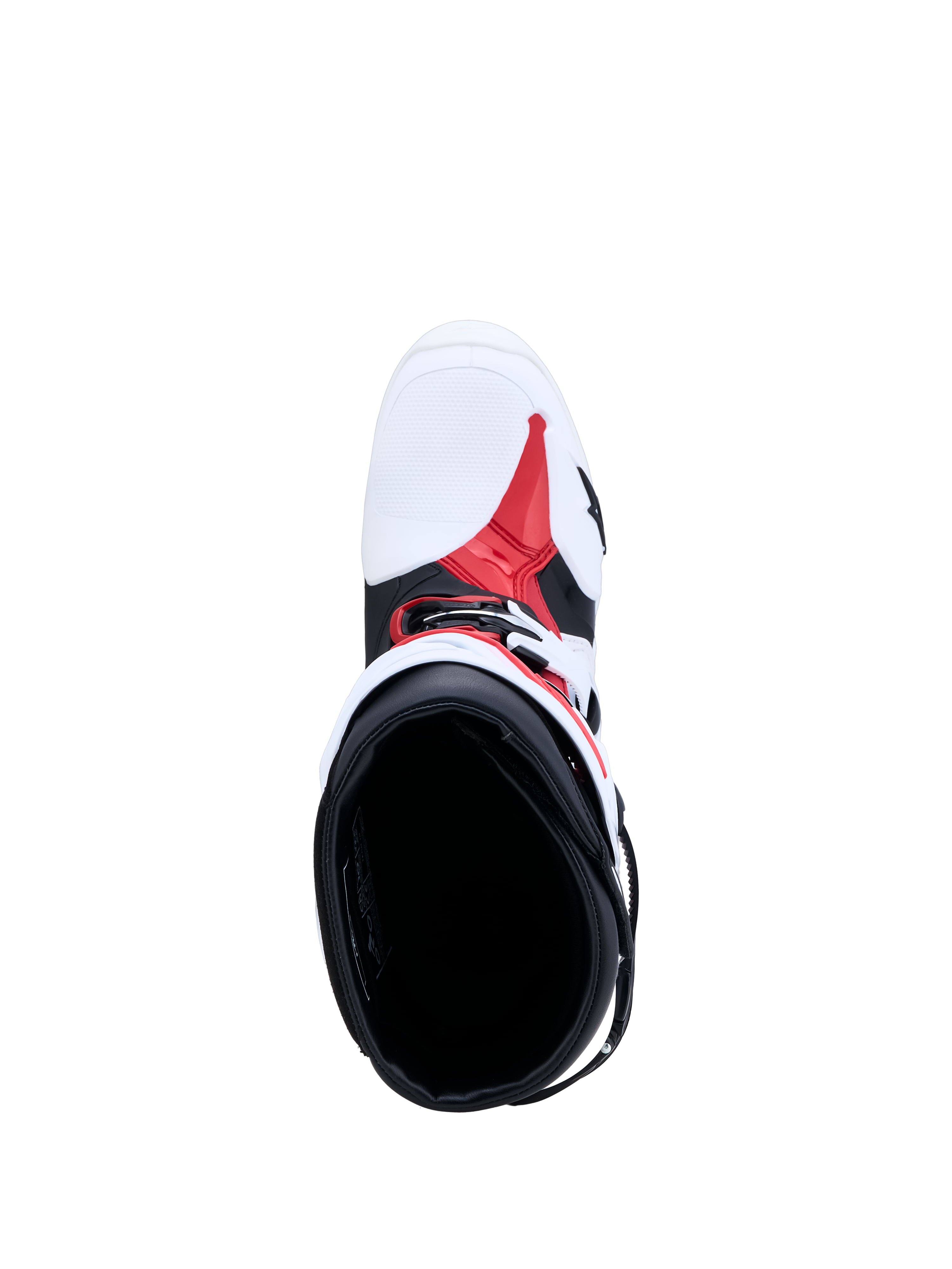Alpinestars Tech-10 motorcykelstøvler i hvid, sort og rød, set fra oven med kig til interiør og TPU-chassis.