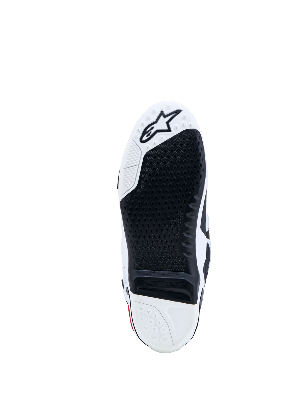 Alpinestars Tech-10 støvler, motocross-sål i sort og hvid med udskiftelig grebsindsats og stjernelogo.