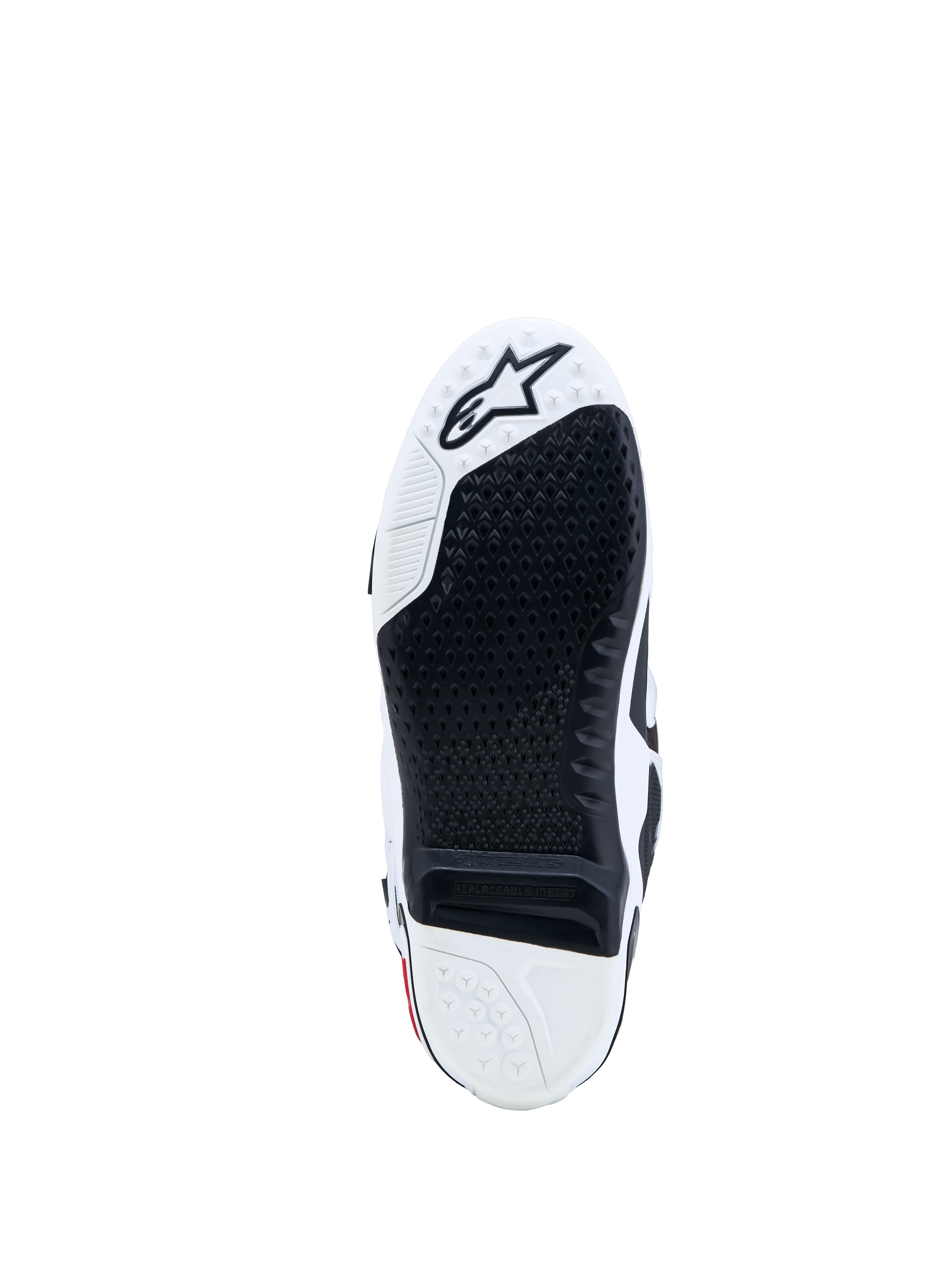 Alpinestars Tech-10 støvler, motocross-sål i sort og hvid med udskiftelig grebsindsats og stjernelogo.