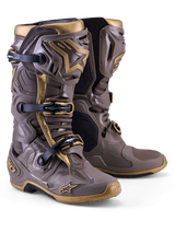 Alpinestars Tech 10 Air Gold motocross boots in Earth Brown and Gold with a lightweight TPU shell and triple buckle system.