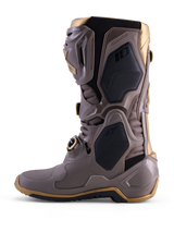 Alpinestars Tech 10 Air Gold Boots in Earth Brown Gold, featuring a protective TPU shell and metallic gold accents.