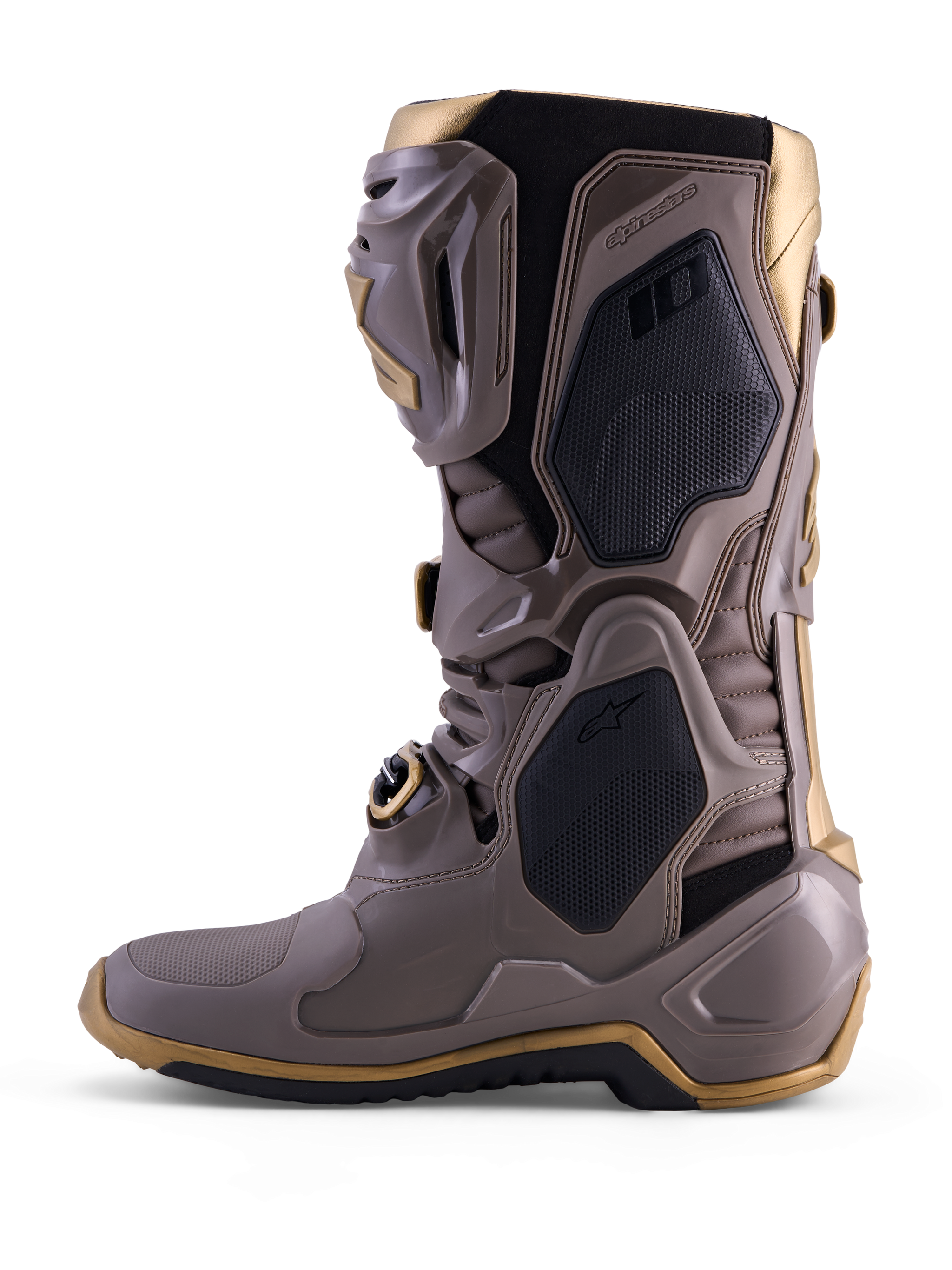 Alpinestars Tech 10 Air Gold Boots in Earth Brown Gold, featuring a protective TPU shell and metallic gold accents.