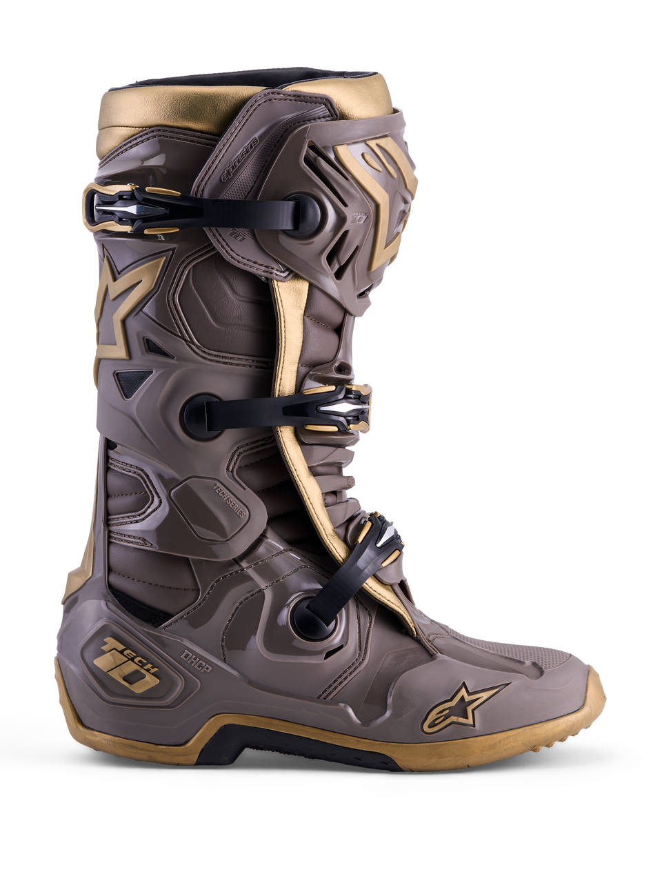 Alpinestars Limited Edition Tech 10 Air Gold motocross-støvle i Earth Brown Gold med beskyttende TPU-skal.