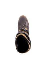 Alpinestars Tech 10 Air Gold boots in Earth Brown Gold, top-down view showing the TPU shell and inner lining.