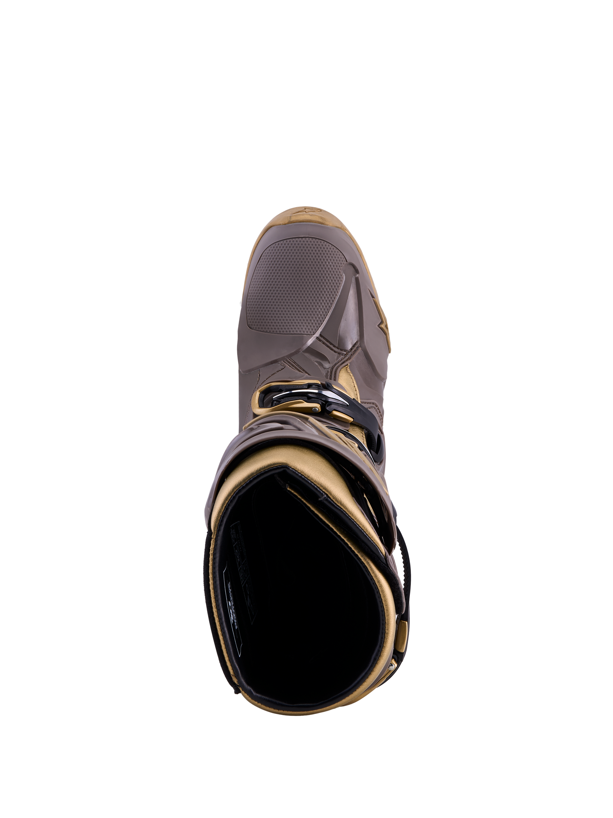 Alpinestars Tech 10 Air Gold boots in Earth Brown Gold, top-down view showing the TPU shell and inner lining.