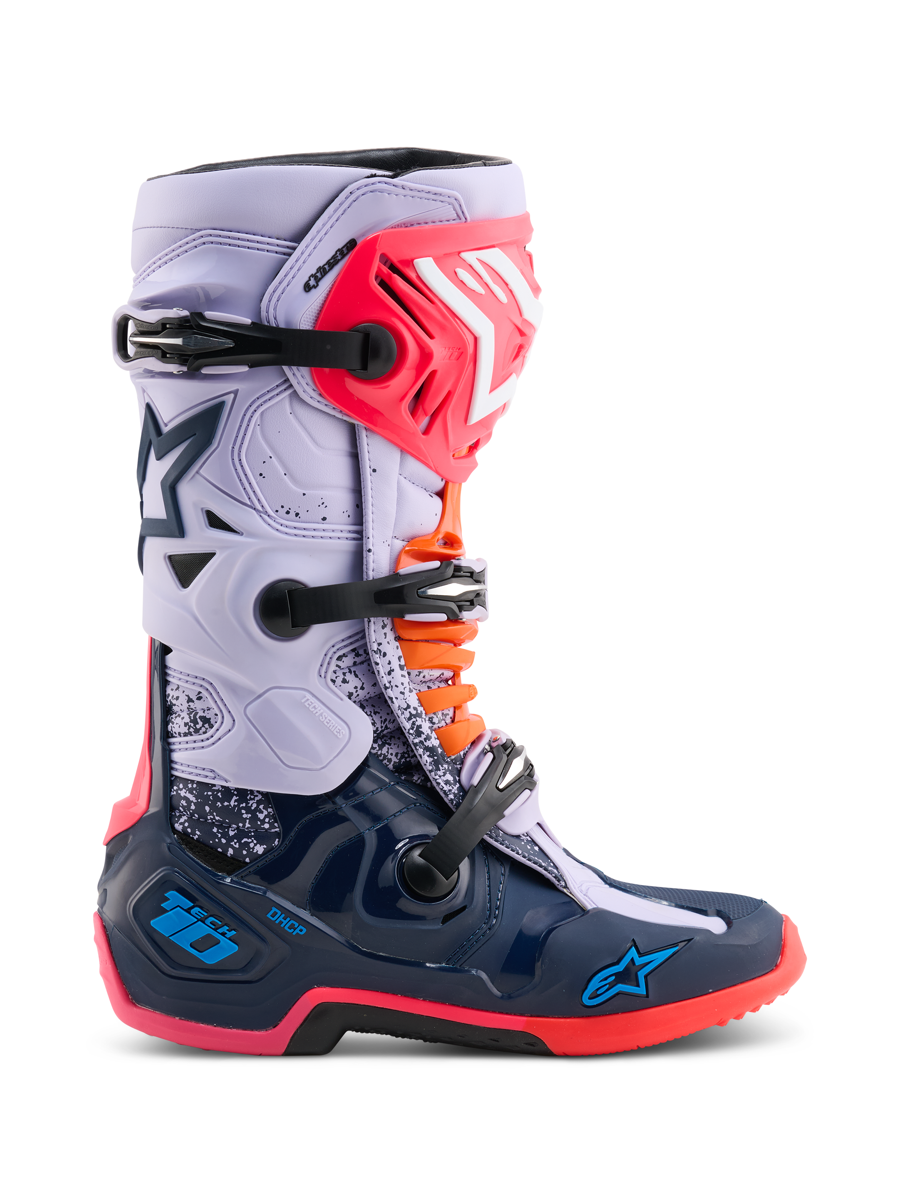 Alpinestars Limited Edition Tech 10 Records støvler, motocross-støvler, flerfarvet med lys lilla overdel og mørkeblå underdel, pink og orange detaljer, tredobbelt spændesystem, højtydende beskyttende fodtøj til off-road kørsel