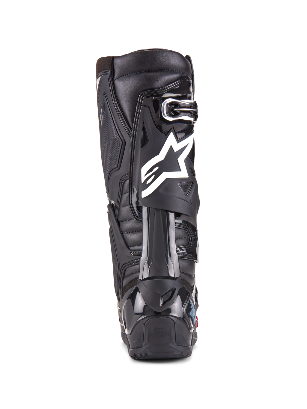 Alpinestars Tech 10 Enduro støvler, sort, bagfra-visning af en enkelt støvle, der viser det hvide Alpinestars-logo, holdbar TPU-hælbeskytter og robust enduro-såldesign til off-road racing
