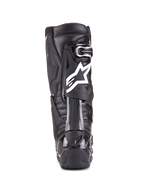 Alpinestars Tech 10 Enduro støvler, sort, bagfra-visning af en enkelt støvle, der viser det hvide Alpinestars-logo, holdbar TPU-hælbeskytter og robust enduro-såldesign til off-road racing
