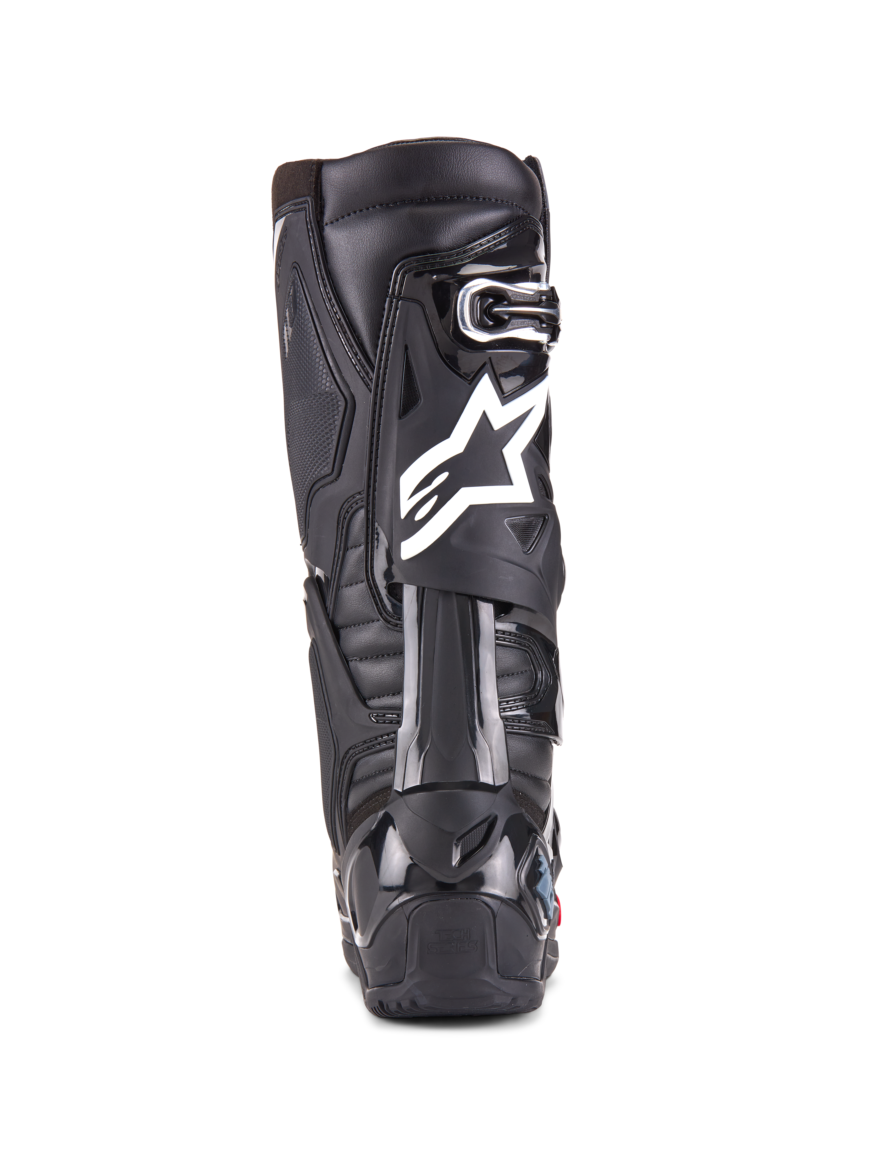 Alpinestars Tech 10 Enduro støvler, sort, bagfra-visning af en enkelt støvle, der viser det hvide Alpinestars-logo, holdbar TPU-hælbeskytter og robust enduro-såldesign til off-road racing