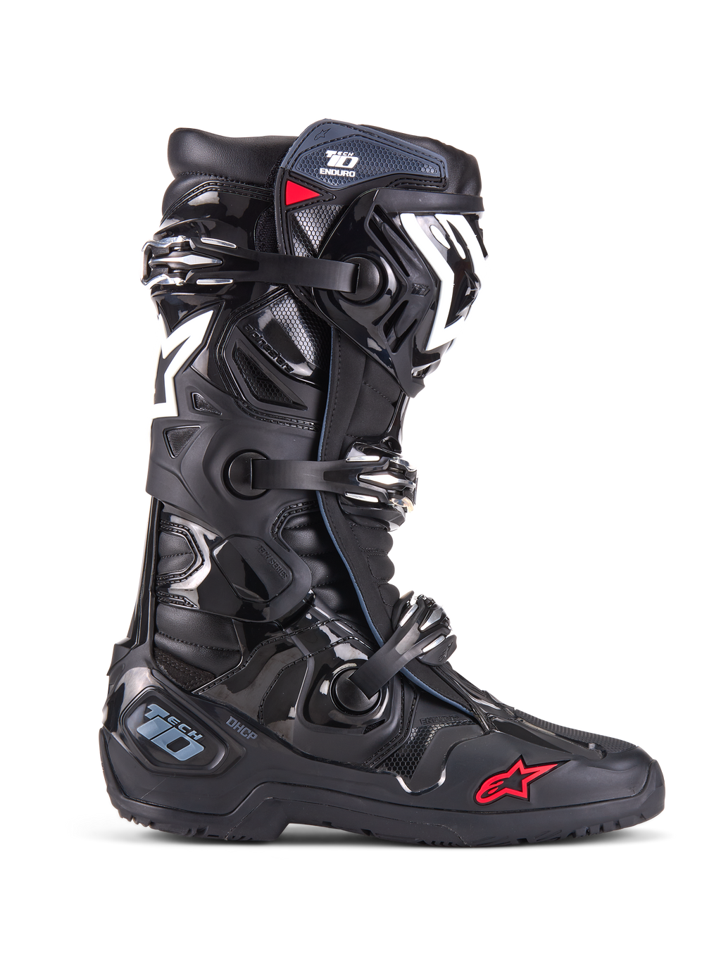 Alpinestars Tech 10 Enduro støvler, motocross off-road støvler, sort med hvide og røde detaljer, tredobbelt spændelukkesystem, beskyttende TPU-skinnebensbeskytter og hælplade, robust Enduro-sål, ikonisk stjernelogo, premium racerbeskyttelse