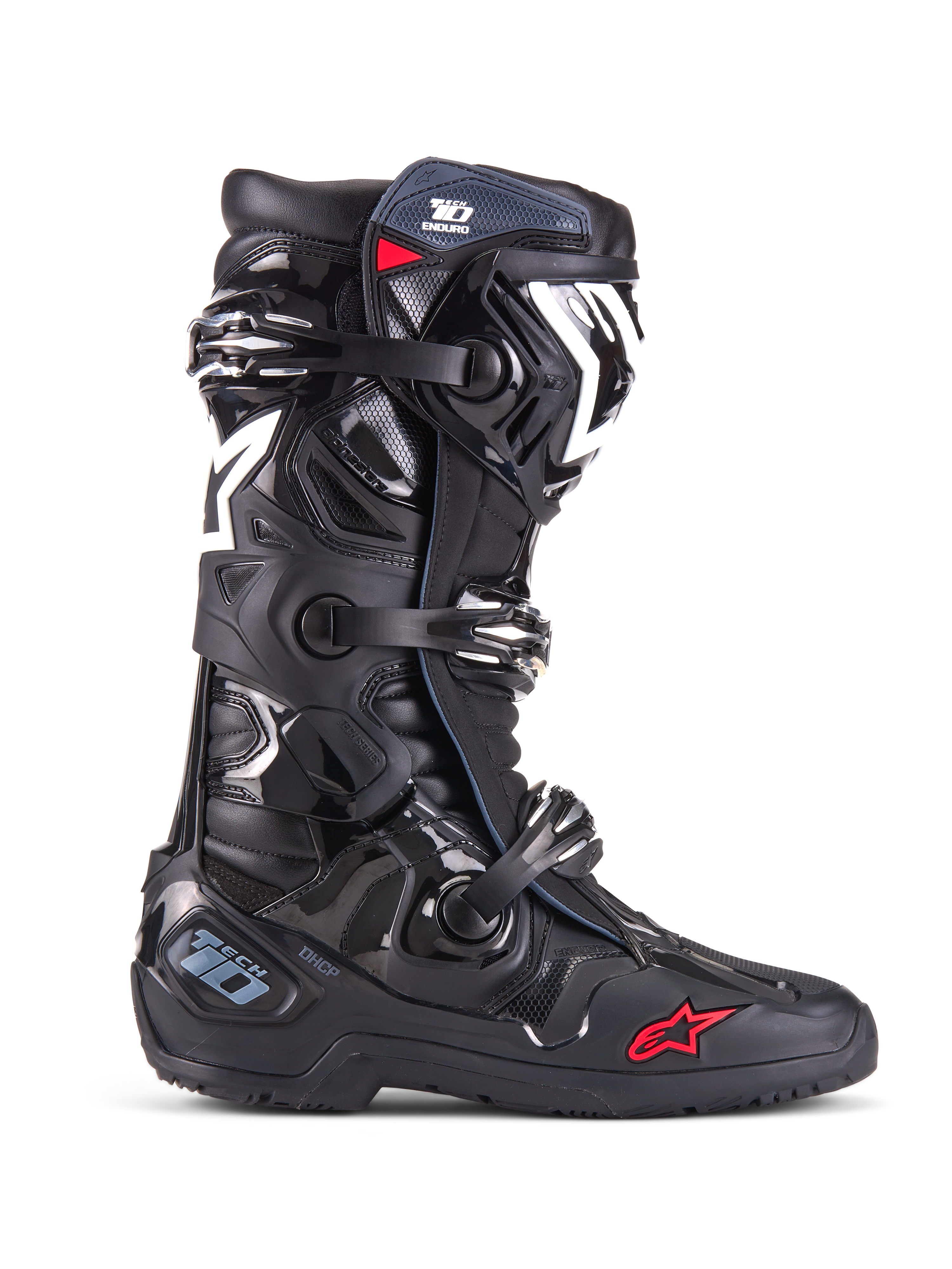 Alpinestars Tech 10 Enduro støvler, motocross off-road støvler, sort med hvide og røde detaljer, tredobbelt spændelukkesystem, beskyttende TPU-skinnebensbeskytter og hælplade, robust Enduro-sål, ikonisk stjernelogo, premium racerbeskyttelse