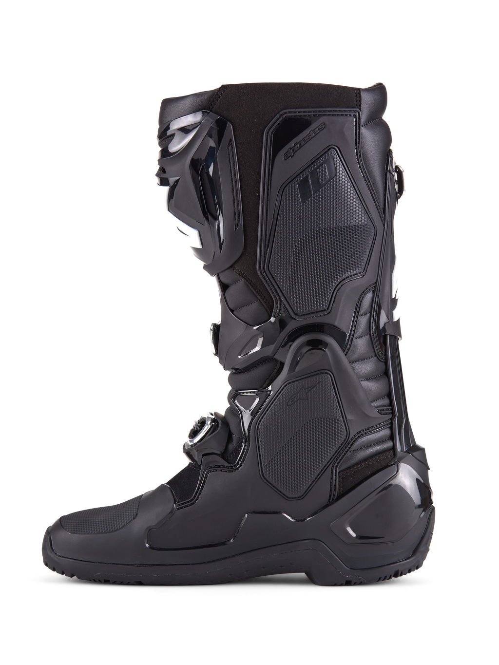 Alpinestars Tech 10 Enduro-støvler, helt sorte, sideprofil af højtydende motocrossstøvle, med holdbare TPU-beskyttelsespaneler, tredobbelt spændelukkesystem og avanceret flexkontrol til off-road racing