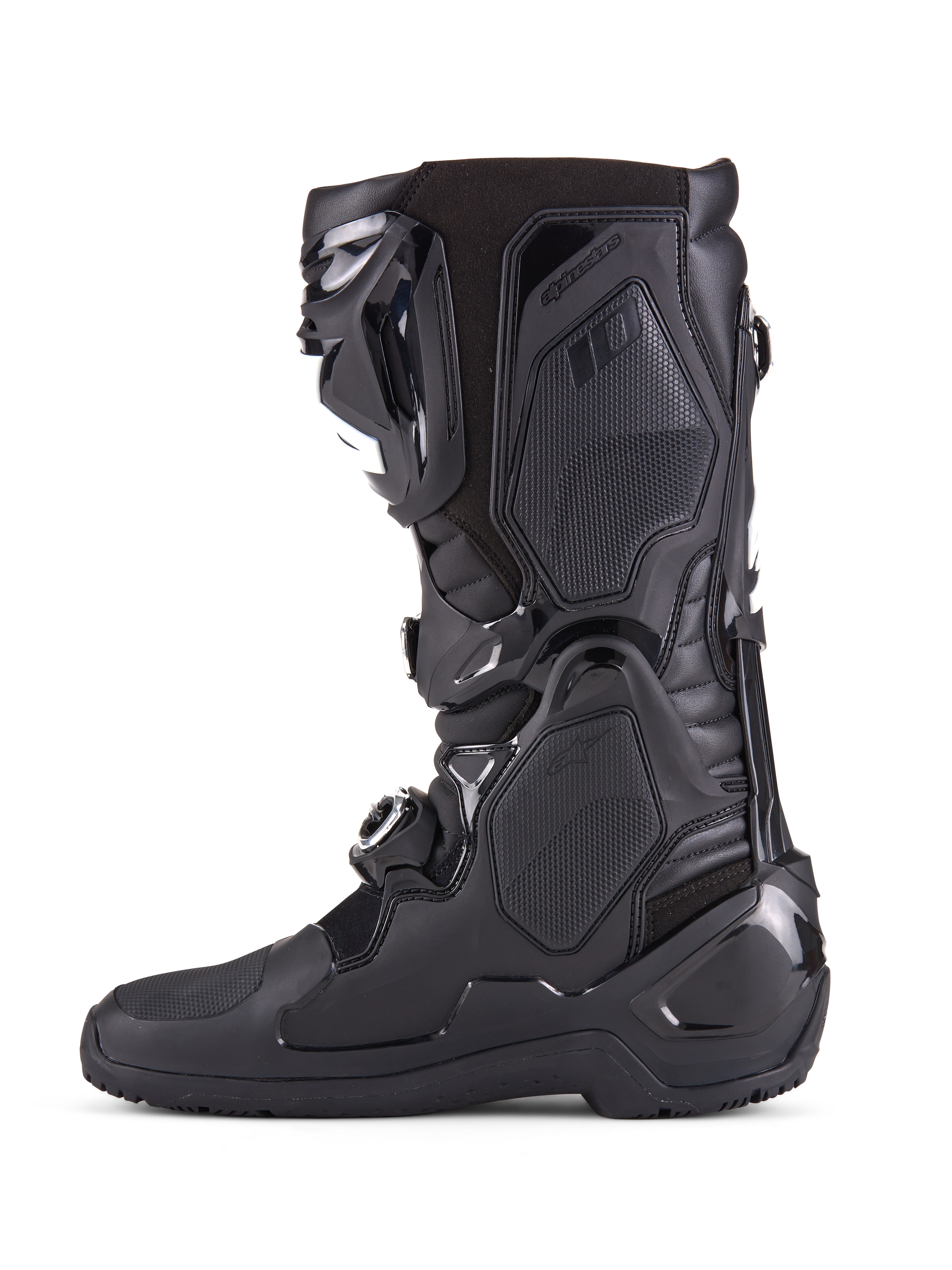 Alpinestars Tech 10 Enduro-støvler, helt sorte, sideprofil af højtydende motocrossstøvle, med holdbare TPU-beskyttelsespaneler, tredobbelt spændelukkesystem og avanceret flexkontrol til off-road racing