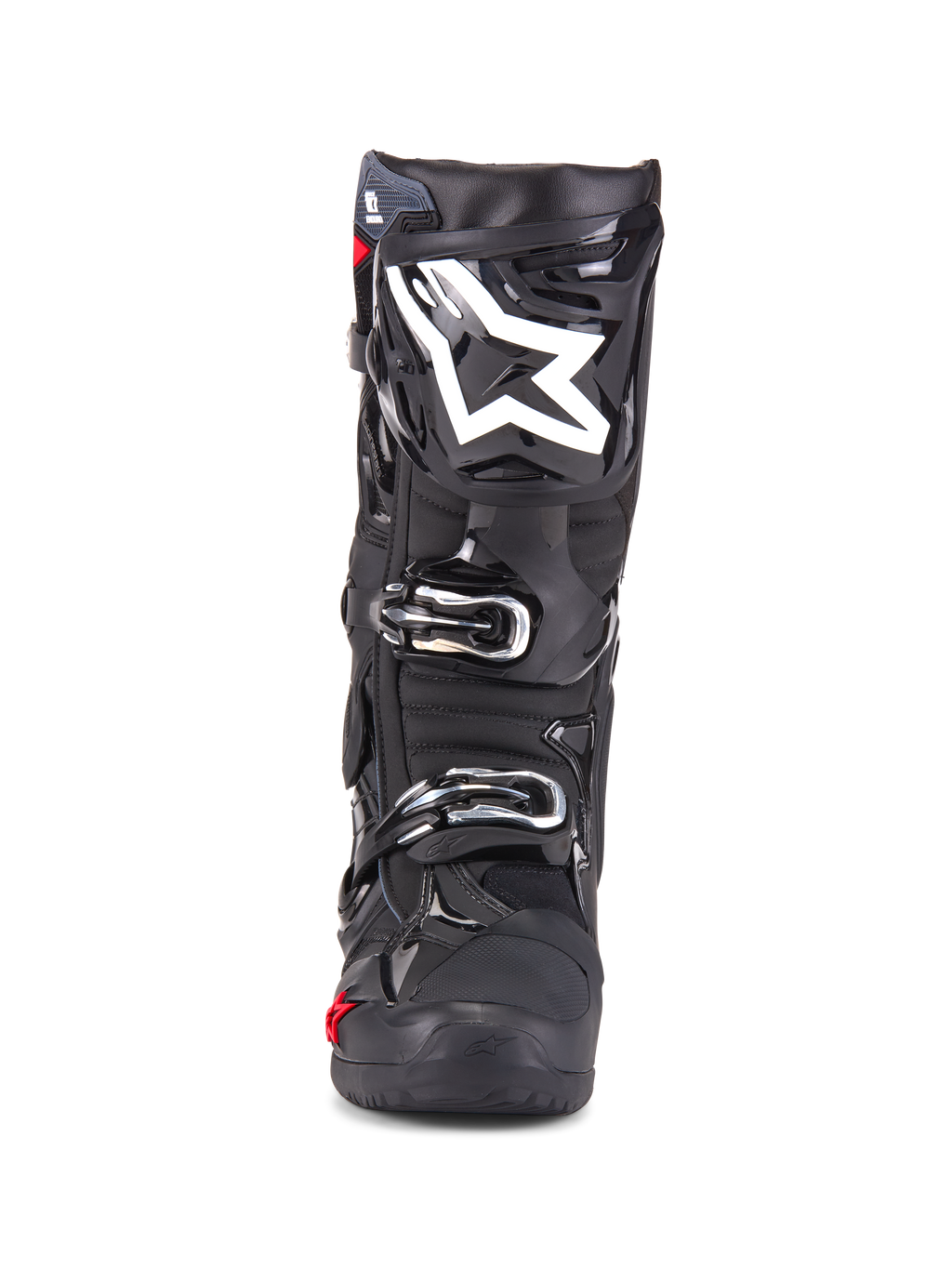 Alpinestars Tech 10 Enduro støvler, motocross-støvler, sort, set forfra med hvidt stjernelogo på skinnebenet, sølvspænder, elegant sort finish med robuste beskyttelsespaneler, højtydende fodtøj til off-road kørsel