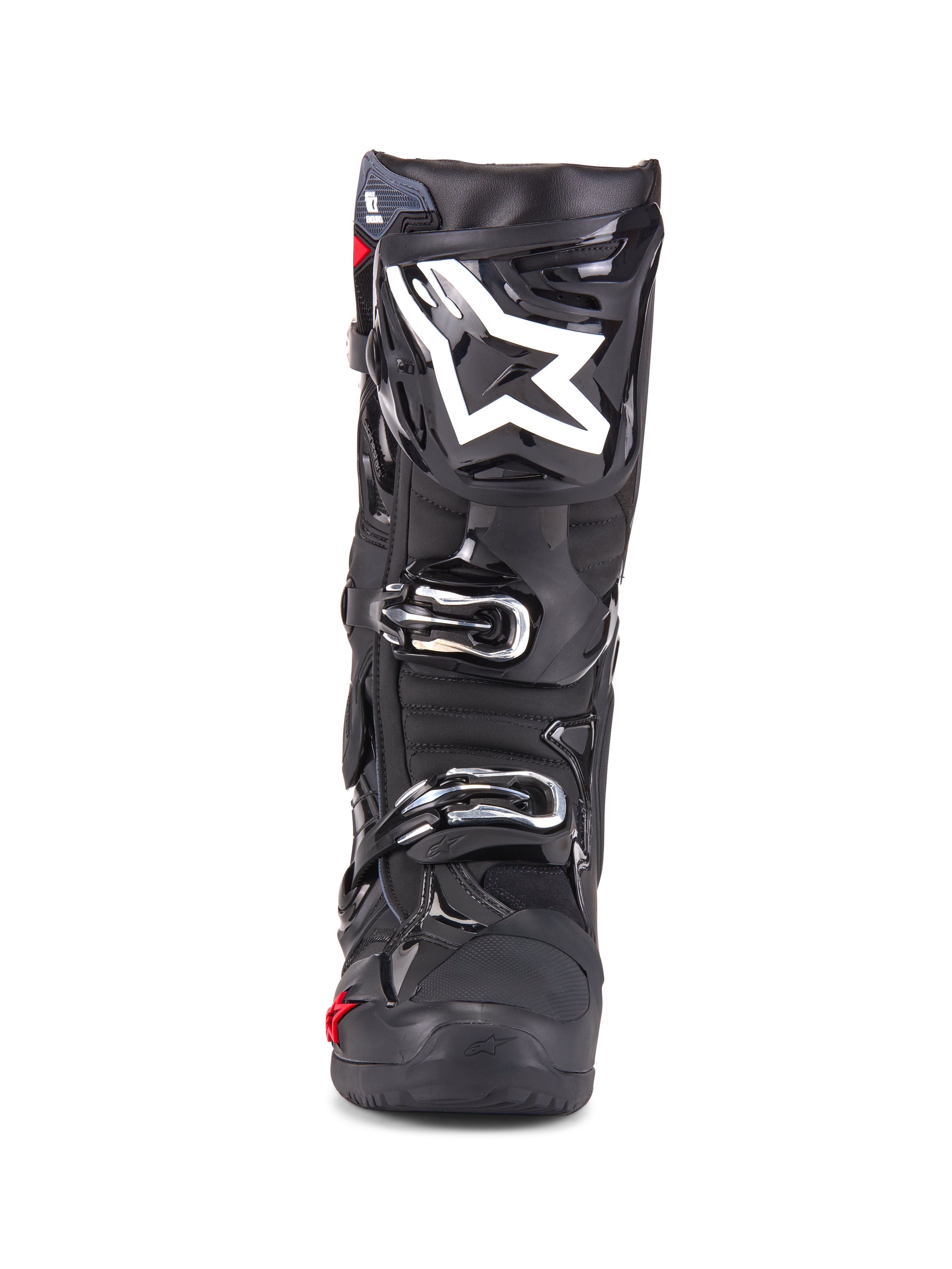 Alpinestars Tech 10 Enduro støvler, motocross-støvler, sort, set forfra med hvidt stjernelogo på skinnebenet, sølvspænder, elegant sort finish med robuste beskyttelsespaneler, højtydende fodtøj til off-road kørsel