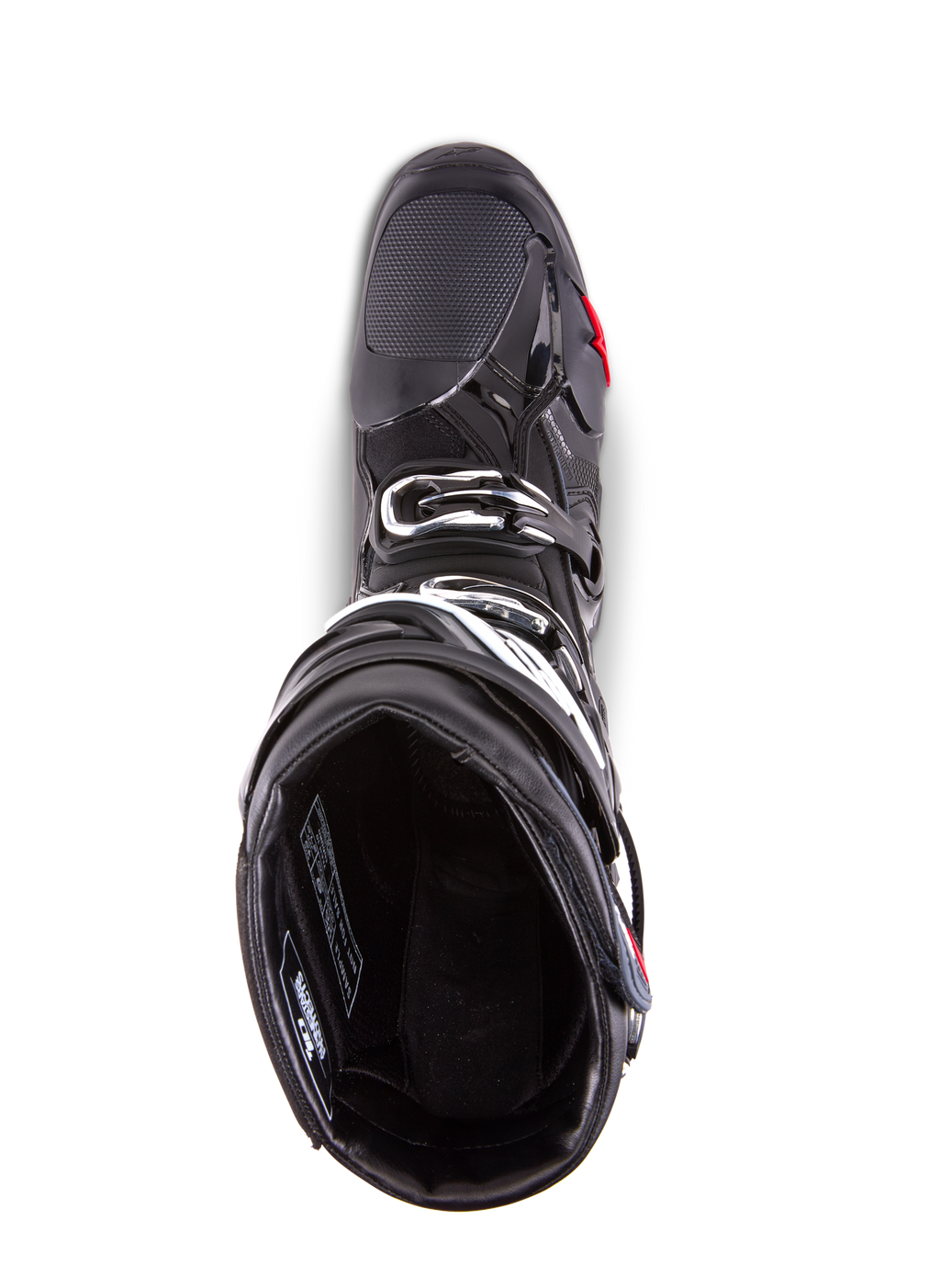 Alpinestars Tech 10 Enduro-støvler, motocrossstøvler, sort, set fra oven, viser det indvendige for, det tredobbelte spændelukkesystem og det forstærkede tåområde, designet til højtydende off-road- og enduro-ræs
