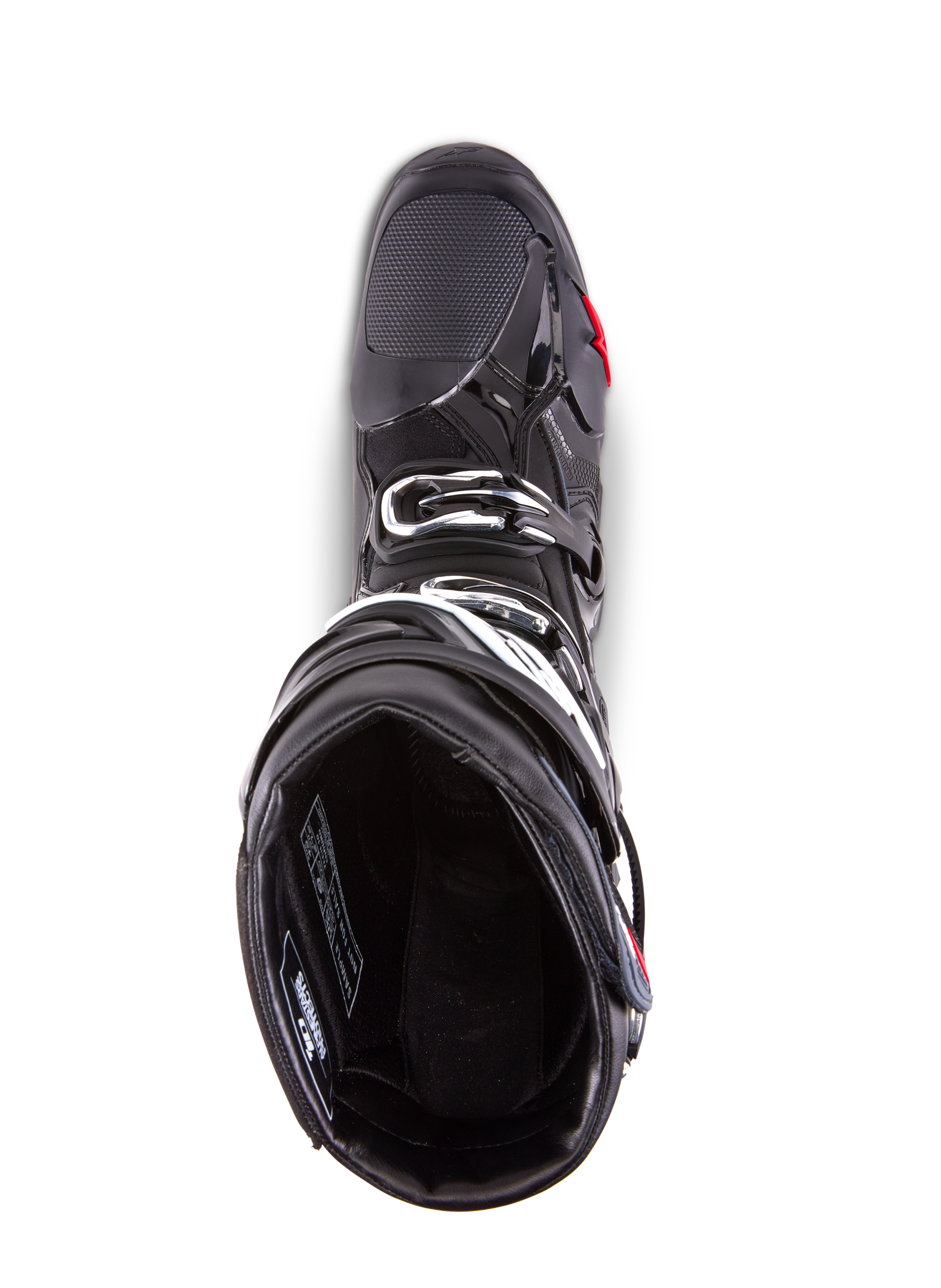 Alpinestars Tech 10 Enduro-støvler, motocrossstøvler, sort, set fra oven, viser det indvendige for, det tredobbelte spændelukkesystem og det forstærkede tåområde, designet til højtydende off-road- og enduro-ræs