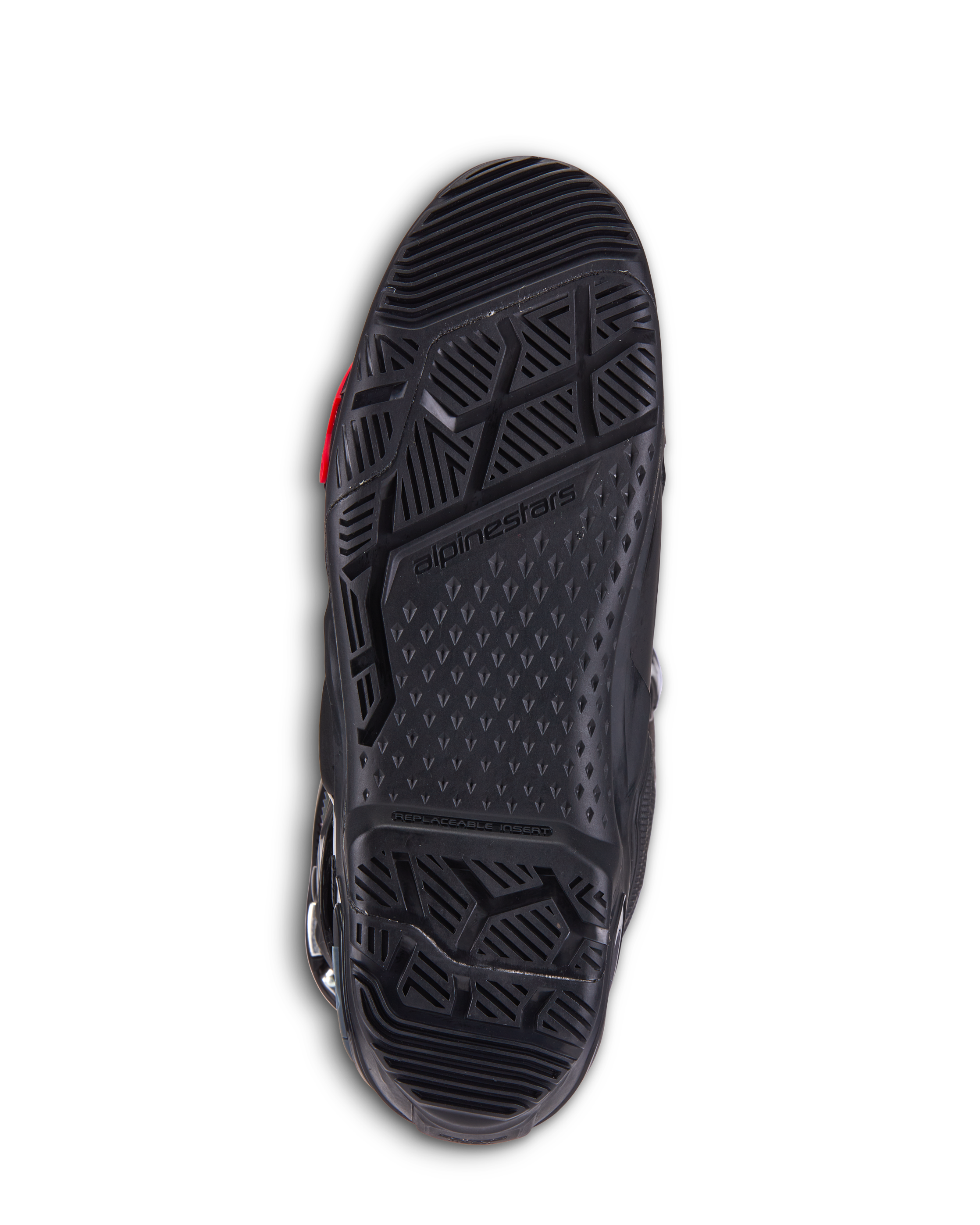 Alpinestars Tech 10 Enduro-støvler, sorte motocross-støvler, detaljeret visning af den dobbelte sammensatte sål med et aggressivt mønster, Alpinestars-branding og udskiftelig indsatssektion til off-road ydeevne