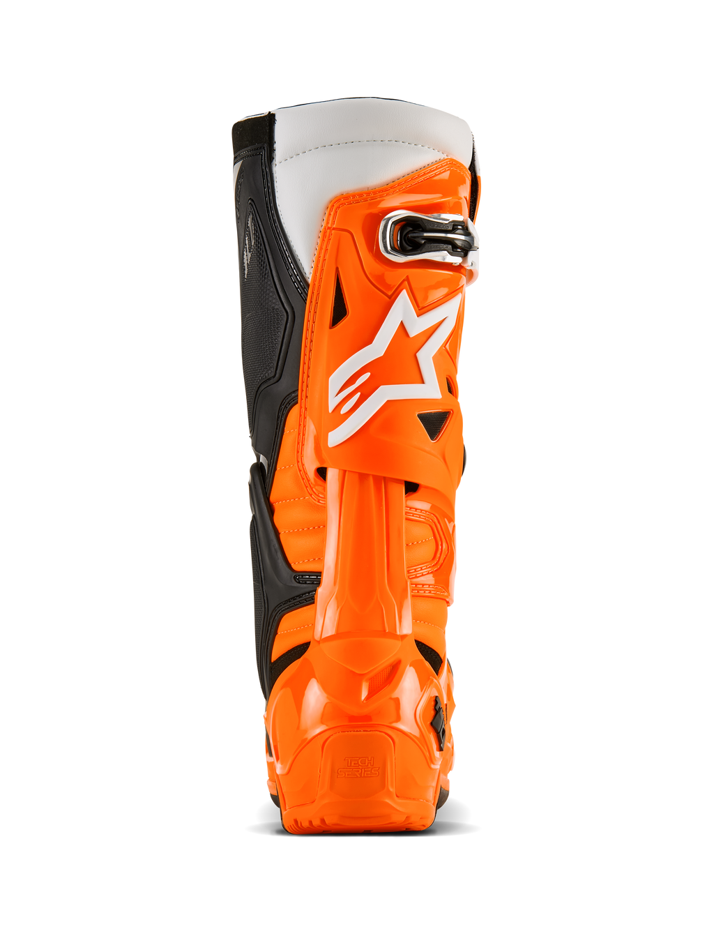 Alpinestars Tech 10 Enduro støvler, set bagfra, Orange Fluo Sort Hvid, vibrant orange TPU-beskyttelsesskal, hvidt Alpinestars-logo, sorte sidepaneler og specialiseret hælbeskyttelse til off-road kørsel