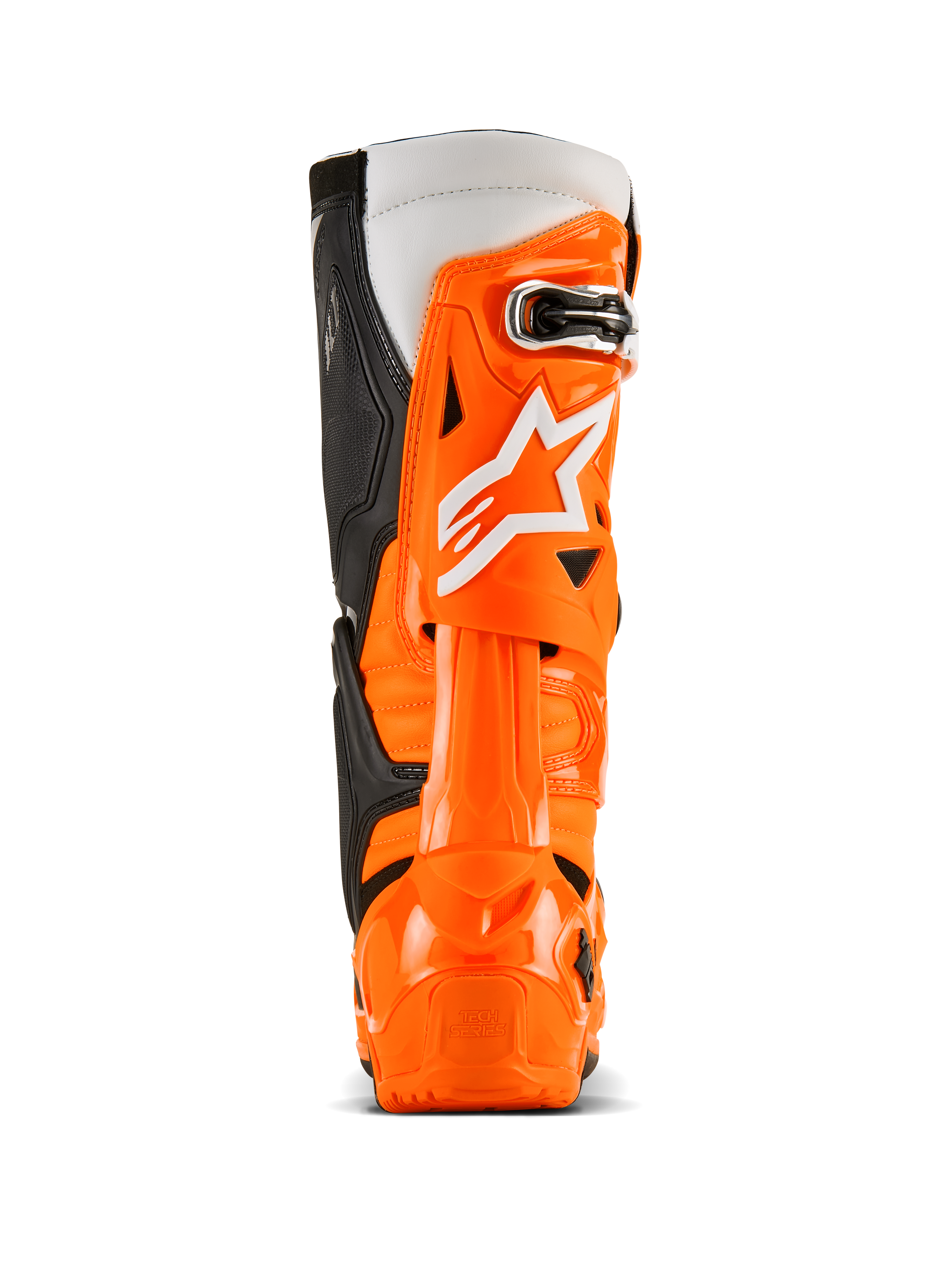 Alpinestars Tech 10 Enduro støvler, set bagfra, Orange Fluo Sort Hvid, vibrant orange TPU-beskyttelsesskal, hvidt Alpinestars-logo, sorte sidepaneler og specialiseret hælbeskyttelse til off-road kørsel