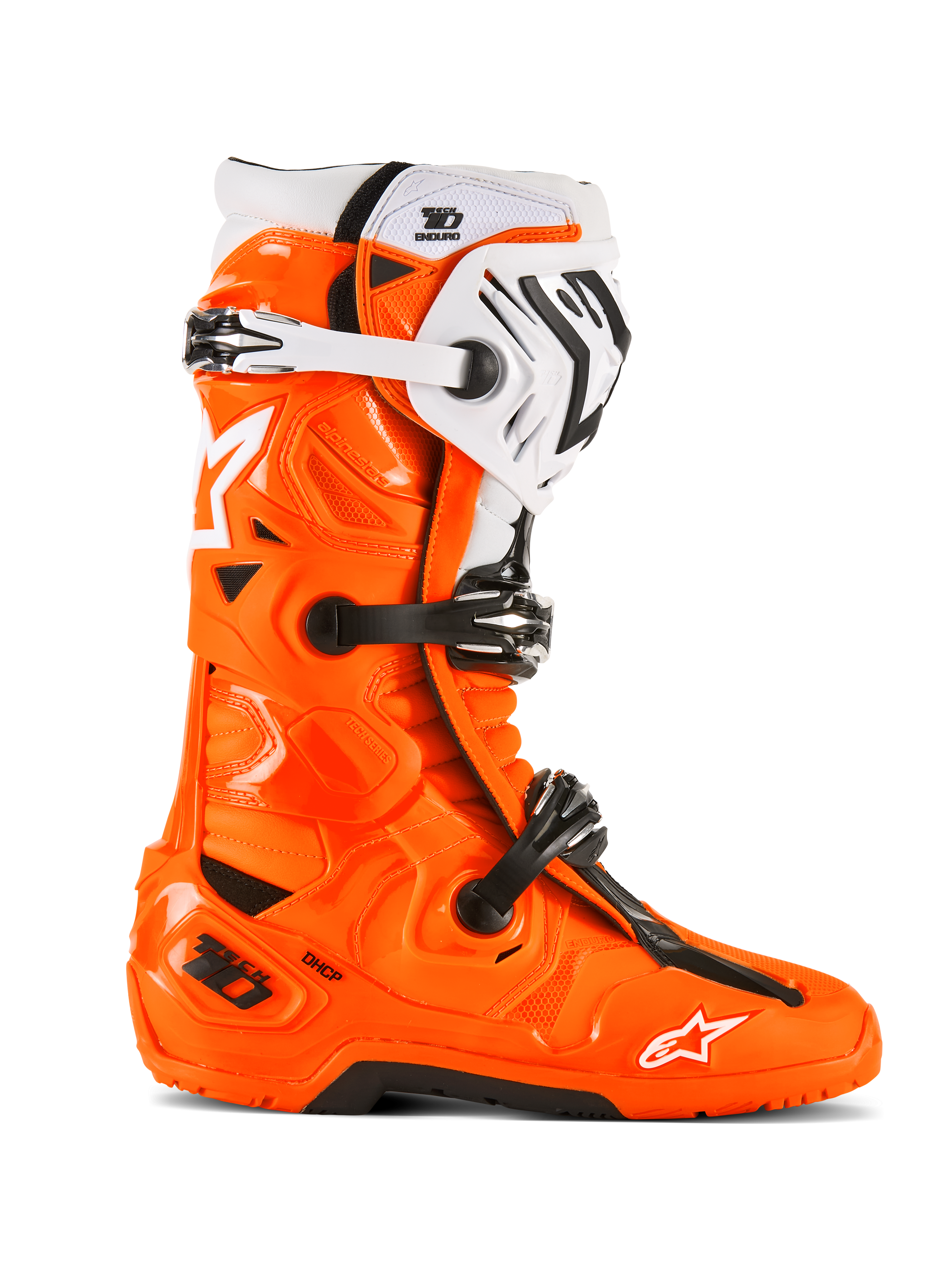 Alpinestars Tech 10 Enduro støvler, motocross terrænkørselsstøvler, fluorescerende orange med sorte og hvide detaljer, sidevisning med tredobbelt spændelukkesystem, robust sort sål og beskyttende TPU-konstruktion til enduro-kørsel