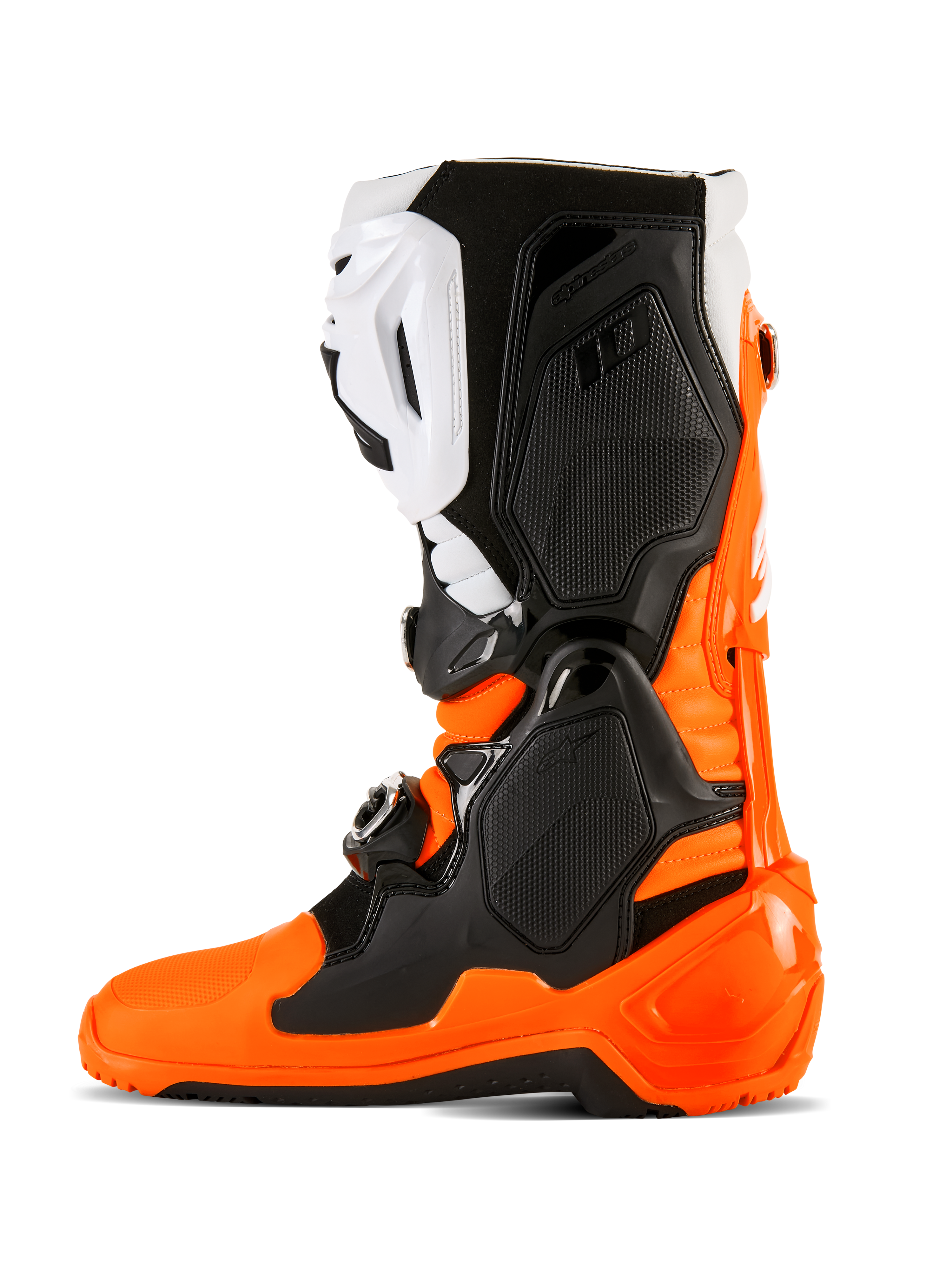 Alpinestars Tech 10 Enduro støvler, orange fluo, sort og hvid, højtydende motocross- og off-road-fodtøj med et tredobbelt spændelukkesystem, beskyttende TPU-paneler og en specialiseret Enduro-sål med dobbelt sammensætning for øget greb.