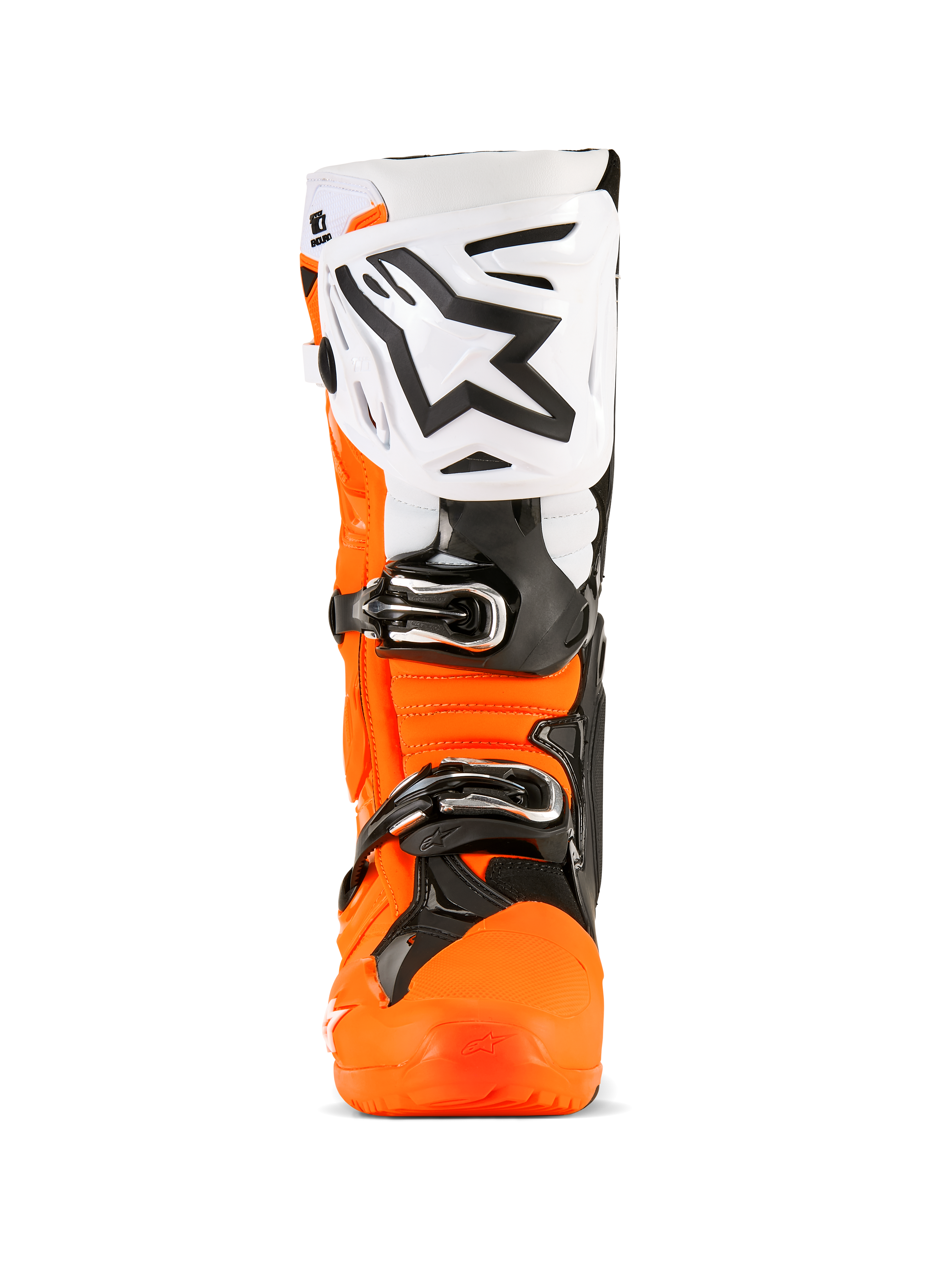 Alpinestars Tech 10 Enduro støvler, motocrossstøvler, Orange Fluo sort og hvid, set forfra med stor hvid skinneplade med sort Alpinestars-logo, sorte spænder og robust orange beskyttelsesskal