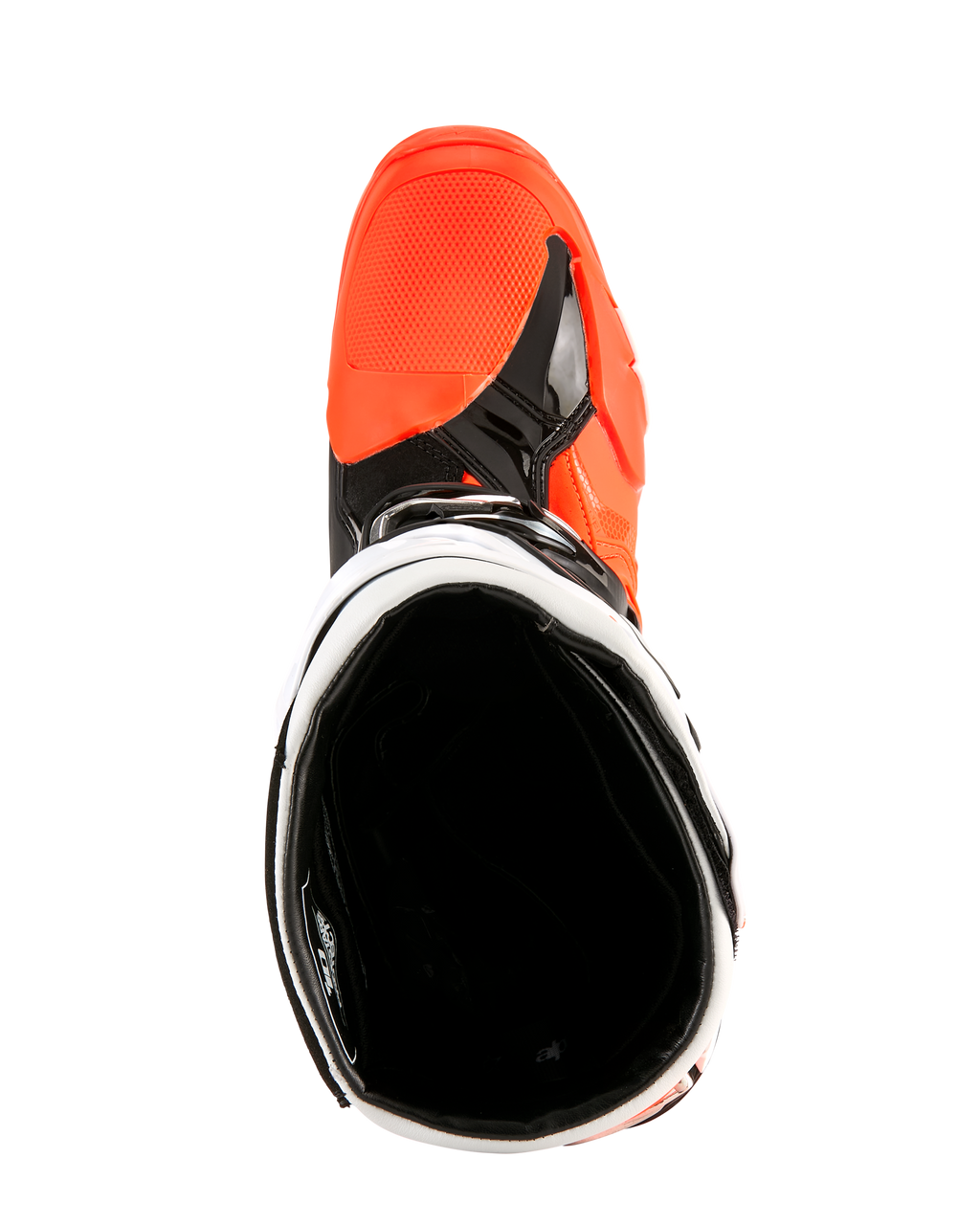 Alpinestars Tech 10 Enduro-støvler, fluorescerende orange, sort og hvid, set oppefra med kig ned i støvleåbningen, viser det sorte indvendige for og det klare orange tåboksområde, professionelt motorcykelfodtøj til terrænkørsel